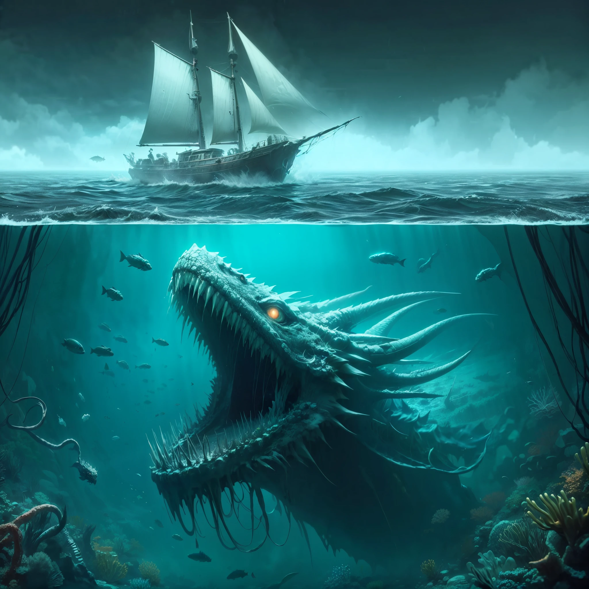 ,hp.lovecraft, image of a super deep lake,vague underwater, cloudy water,a colossal abyssal reptile dragon swimming under it, completely submerged, big eldritch hybrid shape,long bulky shape, twisted scary look coral and fish, underwater eldritch being, scales and fins,long fish like tail,small tentacles,claws,teeth, chimera,eyes, high contrast between under and above the water, warm color above but cold color under, some island on the surface,sun shine, skull 