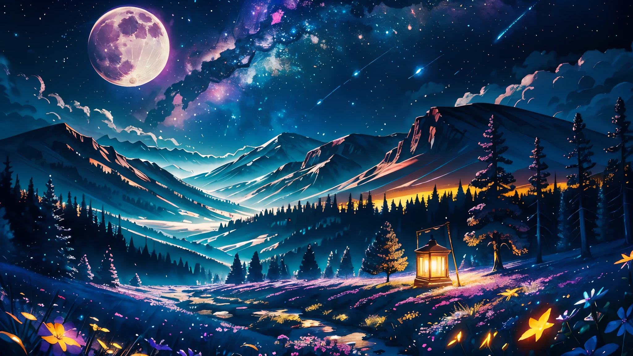 vast landscape photography, (A view of the sky and wilderness below),  Standing in a flower field and looking up, (full moon: 1.2), (shooting star: 0.9), (nebula: 1.3), distant mountains, tree break production art, (warm light source: 1.2), (firefly: 1.2), lamp, purple and orange, intricate details, Volume lighting BREAK (masterpiece: 1.2), (best quality ), 4K, very detailed, (Dynamic configuration: 1.4), Very detailed and colorful details (iridescent: 1.2), (Twinkling lights, atmospheric lighting), dreamy, magical, (alone: 1.2)