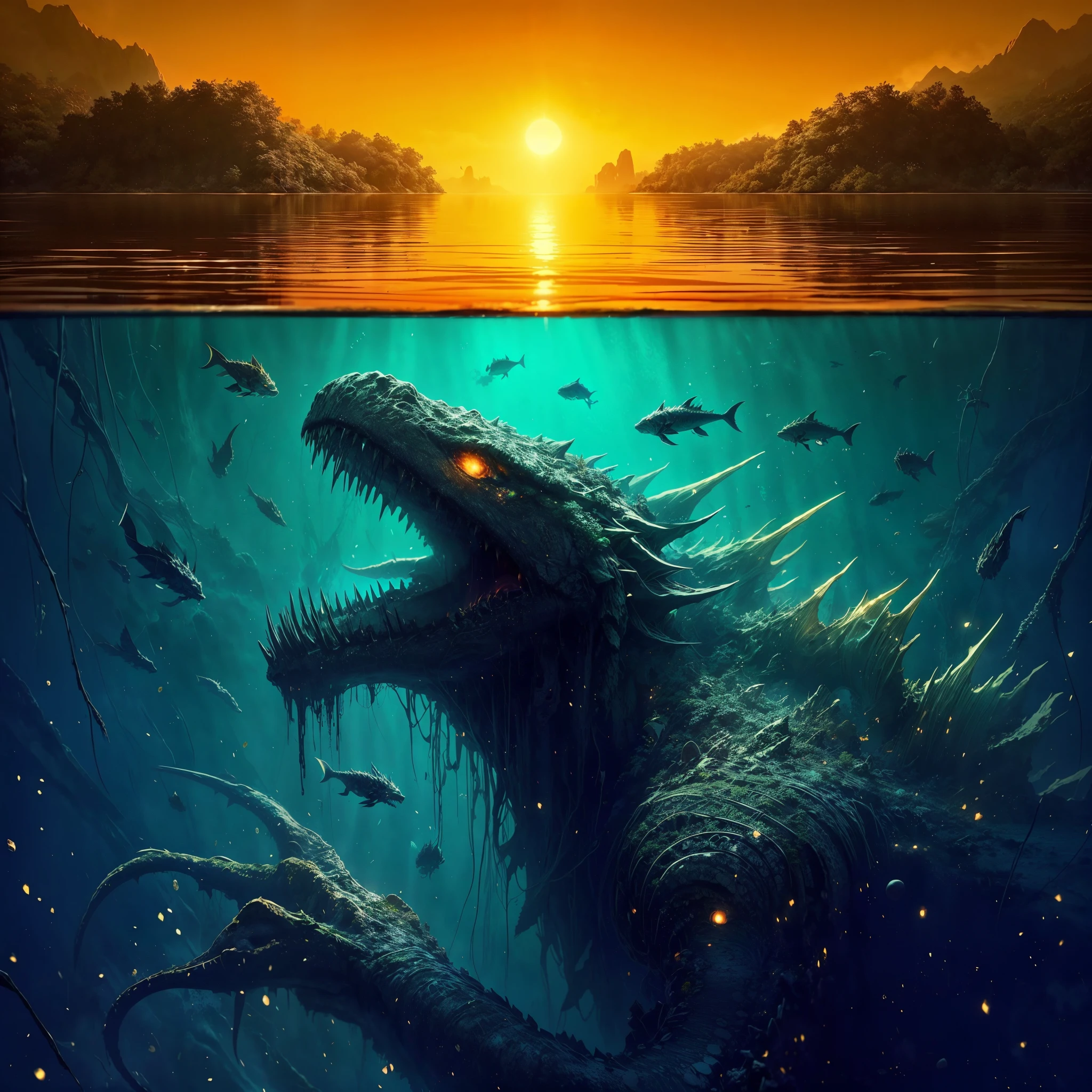 ,hp.lovecraft, image of a super deep lake,vague underwater, cloudy water,a colossal abyssal reptile dragon swimming under it, completely submerged, big eldritch hybrid shape,long bulky shape, twisted scary look coral and fish, underwater eldritch being, scales and fins,long fish like tail,small tentacles,claws,teeth, chimera,eyes, high contrast between under and above the water, warm color above but cold color under, some island on the surface,sun shine, skull 