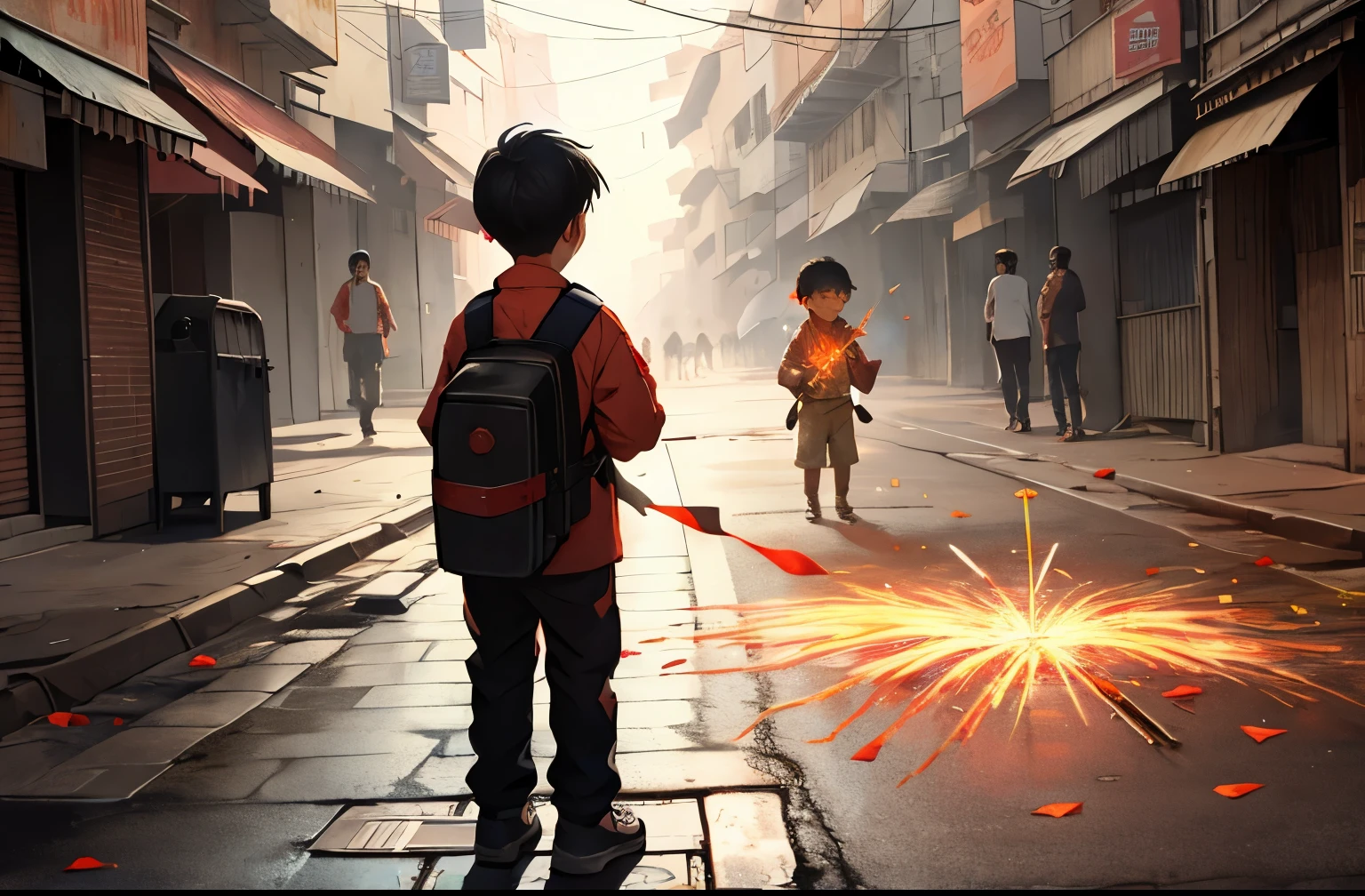 Little boy standing on manhole cover holding lit firecrackers