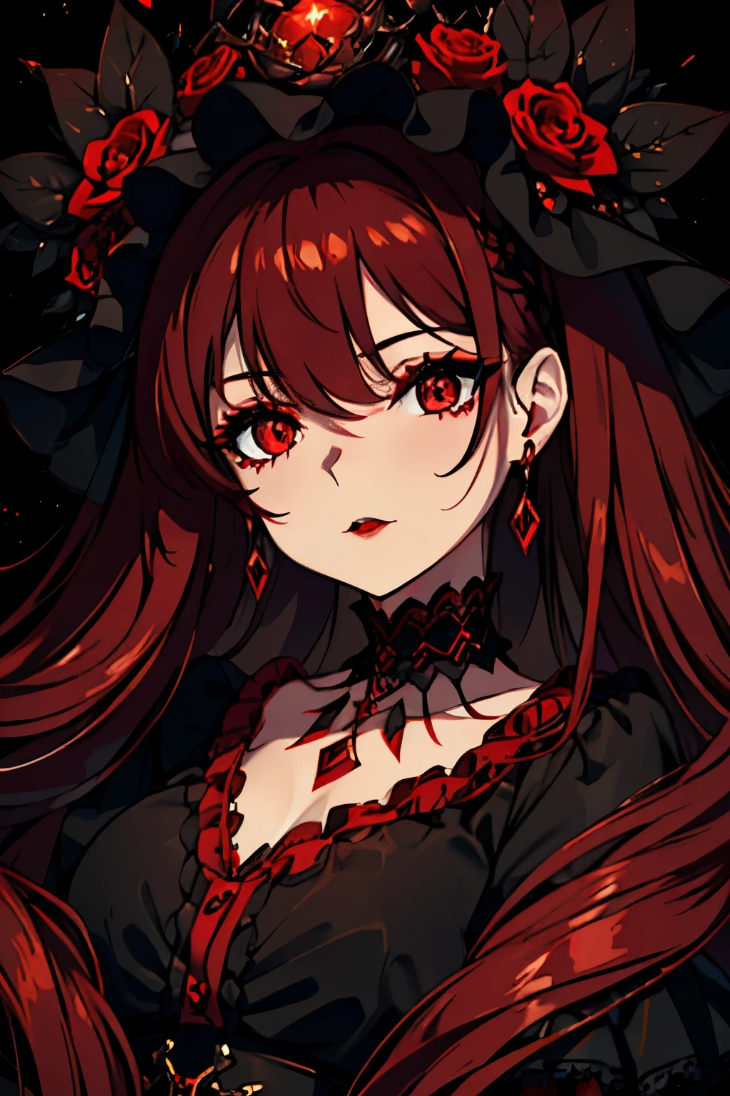 style:1.3)),dark dark eyeshadow,(((4k,super beautiful,In detail,red eyes))),bright red lipstick,gothic ta,;D,beautiful and delicate hair