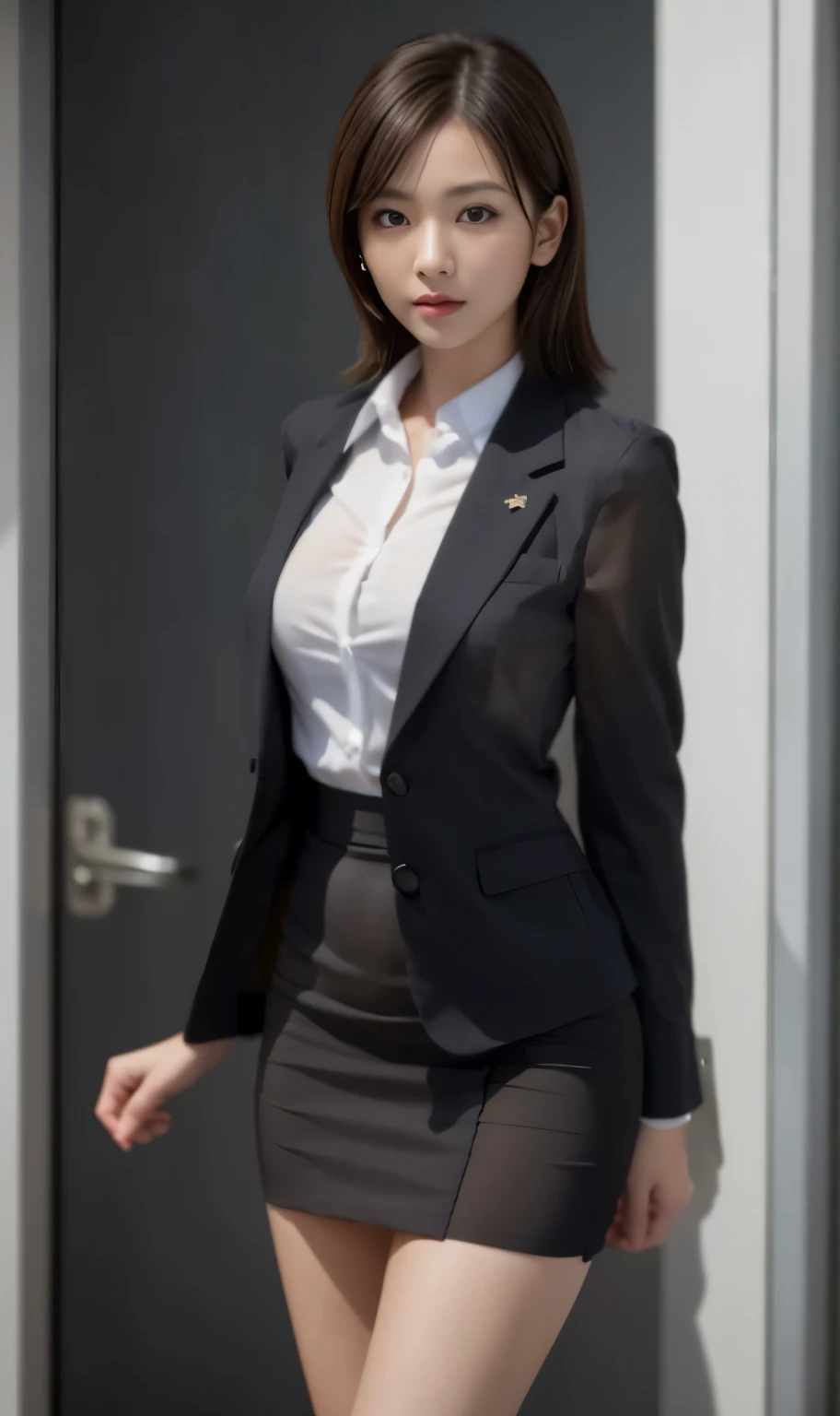 (smile)、I can see your pussy、(nipple見え)、(transparent shirt:1.3)、(In 8K、highest quality、masterpiece:1.2)、(genuine、photorialistic:1.37)、Super detailed、1 girl、cute、Report、beautiful eyes、office、、(nippleが見えてる:1.2)、 (perfect beautiful beautiful face:1.15)、(closed mouth)、細やかなbeautiful eyes、(No underwear:1.1)、、short cut hair、(sheer shirt:1.2)、、(short hair:1.5)、Floating hair NovaFrogStyle、thinボディ、20 year old woman、brown hair、、brown eyes、small head、((G cup))、fashionable girl、beautiful eyes、genuineフェイス、genuineな肌、fine eyes、、(sheer shirt:1.2), dynamic pose、viewer、Look carefully at the face and chest、announcer,　the tip of the chest sticks out。Areola is protruding。The shape of the genitals is clearly visible。lots of eyelashes。black eyeshadow。bright red lips。black sexy high heels。pubic hair。The lower abdomen is bristly。thin。thighs are open。pubic hairたくさん、pubic hairがはみ出てる、 and delicate figure、(At the office)、camel toe、protruding pussy＿nipple