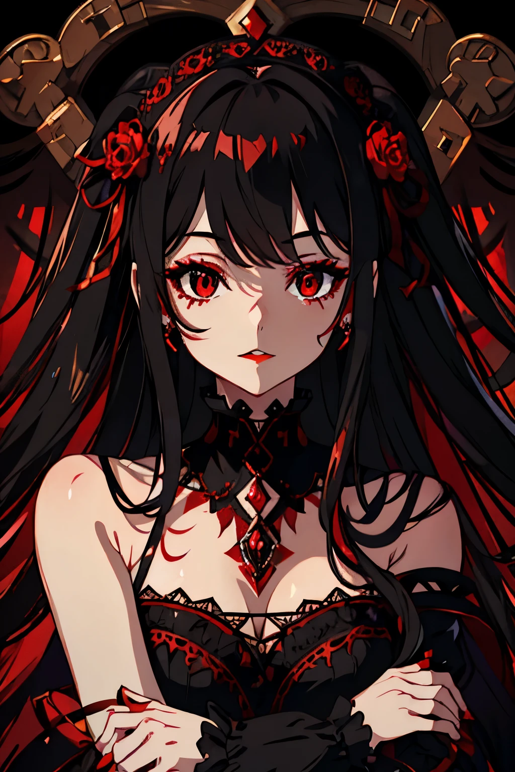 style:1.3)),dark dark eyeshadow,(((4k,super beautiful,In detail,red eyes))),bright red lipstick,gothic ta,;D,beautiful and delicate hair