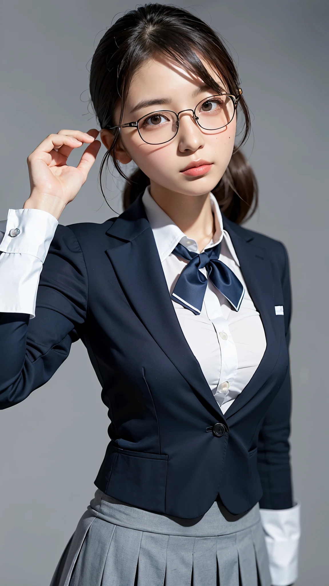 (highest quality、8k、32K、masterpiece、ticker:1.2)、photo of cute japanese woman、big and full breasts、low twintails、high school girl、、13 only、mini skirt、blazer、Upper body、surface focus、((uniform))、simple background、、looking at the viewer、glasses
