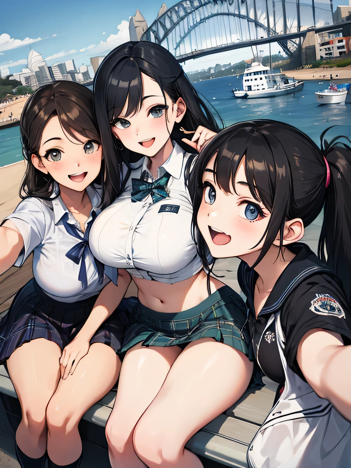 (8k、RAW photo、highest quality)、detailed background、beautiful and detailed face、beautiful and smooth skin、skin texture、professional lighting、Beautiful age girl、(three women)、(huge breasts)、sexy uniform、Pleated mini skirt with tartan plaid pattern、side pony、ponytail、cute hairstyle、ニーhigh socks、high socks、 selfie、school trip、Touch my chest playfully、laughter、smile、sexual expression、sydney、Australia、Opera House、harbor bridge、darling harbor、bondi beach 、You can also take photos with famous landmarks and symbols of your travel destination.、underboob、panty shot