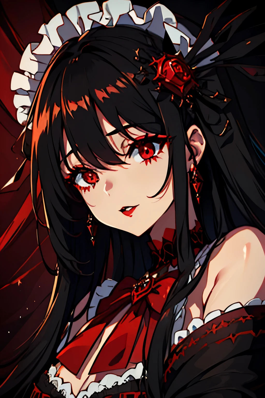 Incredibly beautiful girl with black hair licks red grape juice from her hands, her face is smeared with red paint against the background of animal meat