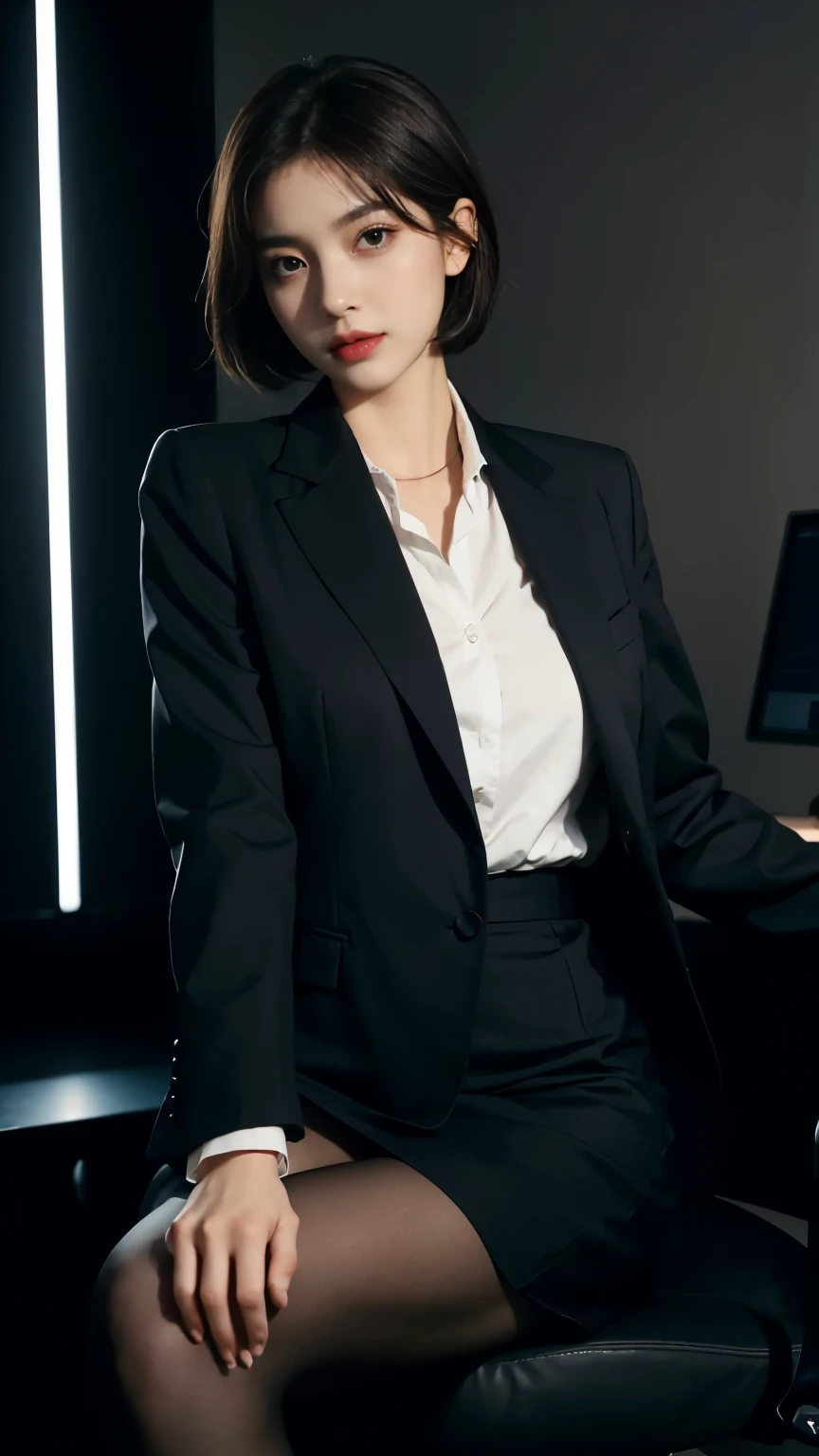 (Masterpiece), ((Best quality)), (Masterpiece,Best quality,offcial art,Extremely detailed Cg Unity 8K wallpaper), , Beauty photo, A lady,solo,Elegant upper-class elite secretary in a business shirt,Perfect look,Double eyelid eyes,Delicate makeup, working in an office,wearing a strict business suit, Wear pantyhose,Wear high-end heels,Girl in shirt, dressed in a suit, huge tit,full bodyesbian,dressed in a suit, dressed in a suit, merchant, Business clothes, wearing black suits, Wear a shirt and skirt, Woman in a suit, Business attire,Computer chair,Seated,Erlang legs,high-heels,view the viewer,brightly,Complicated details,foot focus,from below, cool beauty,tall woman,short cut hair, dark brown hair,Precisely expresses details such as face and skin texture,beautiful eye,double eyelid,delicate skin,slender body shape,alone,enormous breasts,