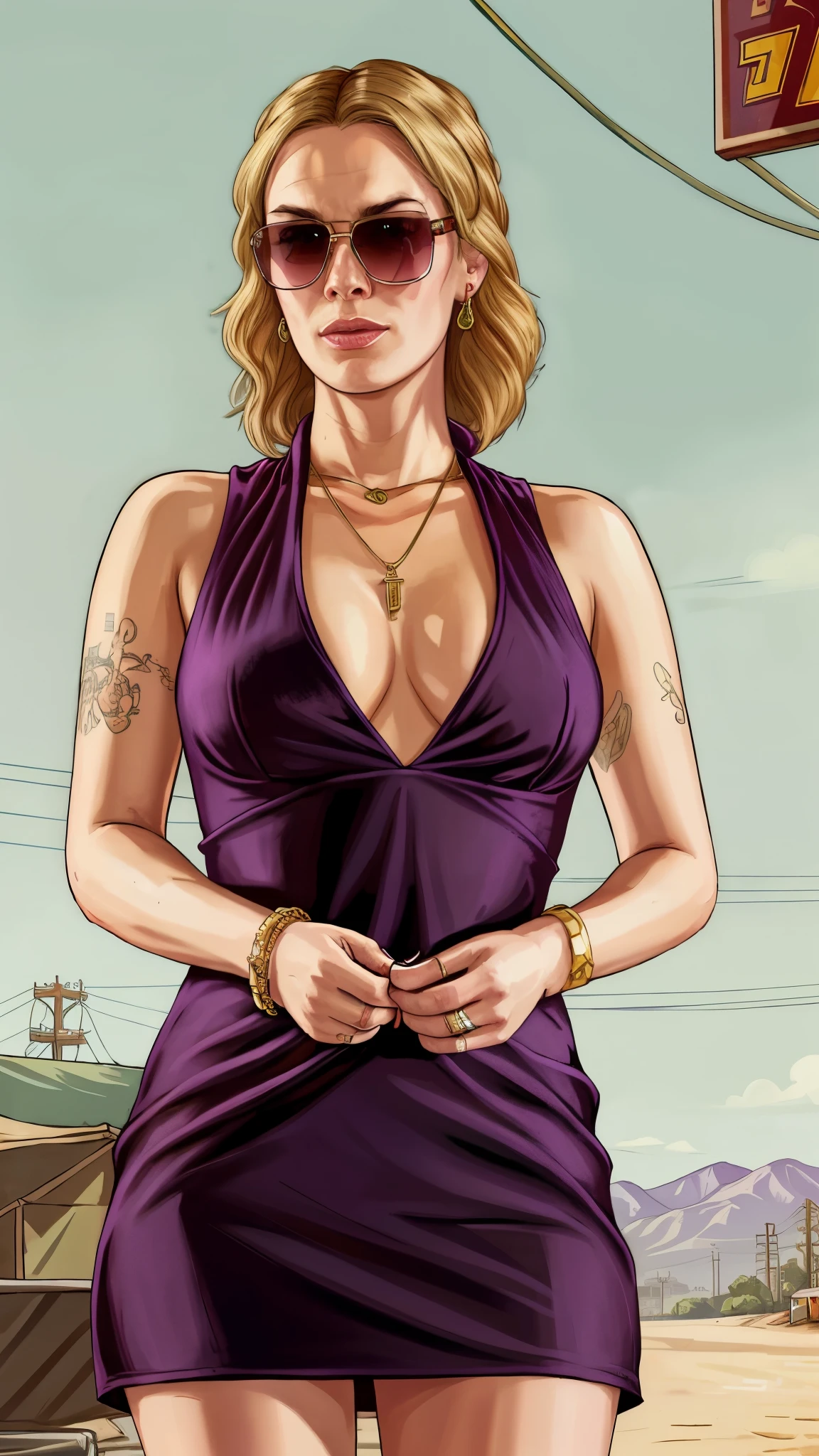 GTAV Loading Screen 2D art, lenaheadey as GTA5 Character, cinematic composition, long blonde hair, sunglasses, luxury maroon mini dress, cleavage, high heels, earrings, rings, necklace, tatoos, standing in front of a city, shaders, bright cinematic lighting, soft contrast, GTA5 loading screen, gta art, wallpaper 4 k, wallpaper 4k, hq 4k wallpaper, gta loading screen art, fan art, rockstar games art