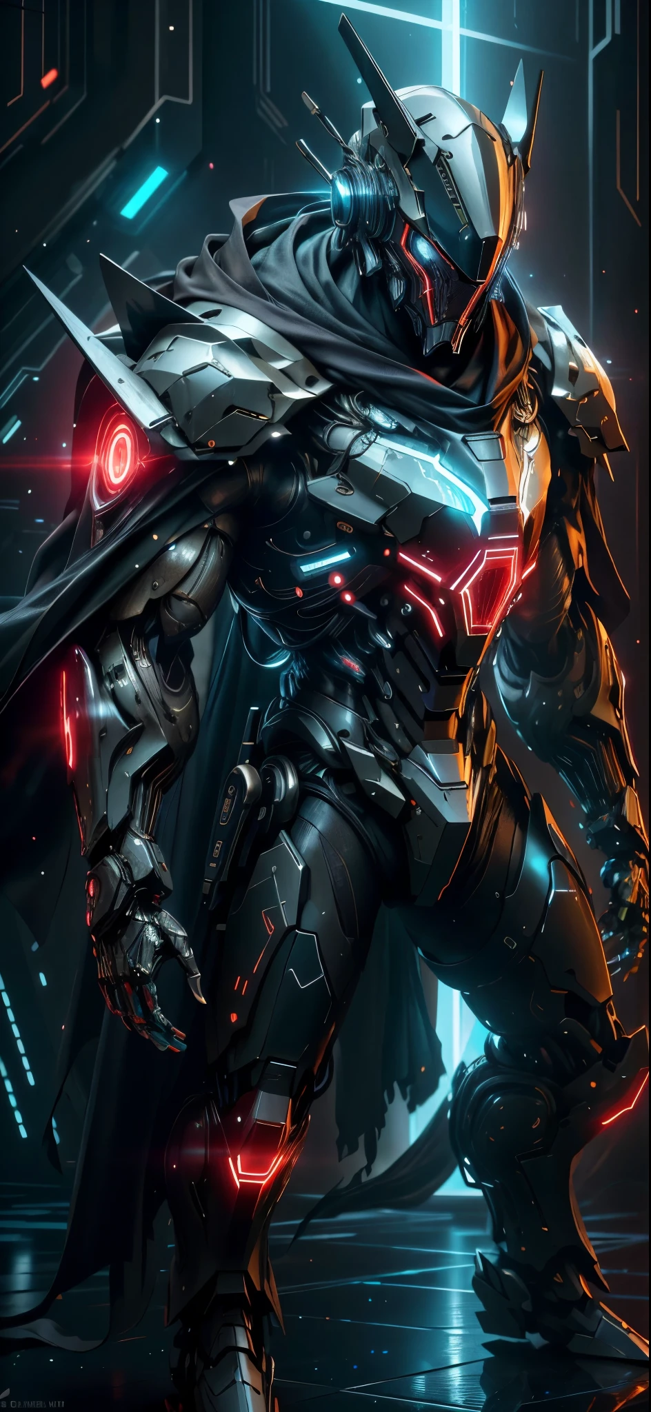 realistic,shiny,reflective,bioluminic, galactic cybernetic mask,mecha,(assassin:1.2),scarf,cloak,sh4g0d,GlowingRunes_red,fullbody,cinemnatic,dark background,backlight,high contrast,