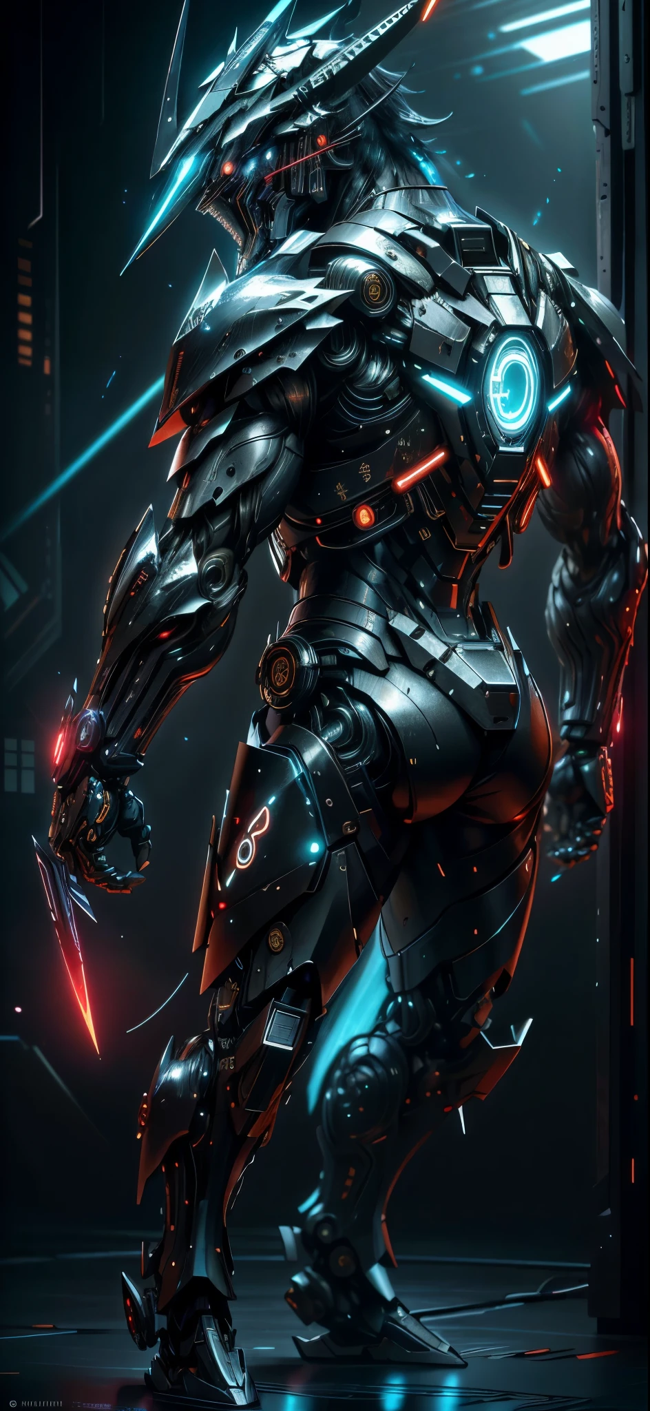 realistic,shiny,reflective,bioluminic, galactic cybernetic mask,mecha,(samurai:1.2)sh4g0d,GlowingRunes_red,fullbody,cinemnatic,dark background,back light,high contrast,