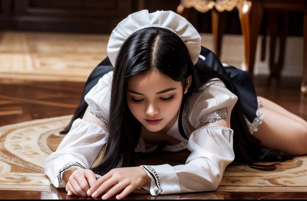 (4k,best quality,masterpiece:1.2),ultra-detailed,realistic,long black hair,silky smooth,
detailed floor,mansion interior,beautiful young maid,gently wiping the floor,maid uniform,
elegant pose,vibrant colors,soft lighting,calm and serene atmosphere