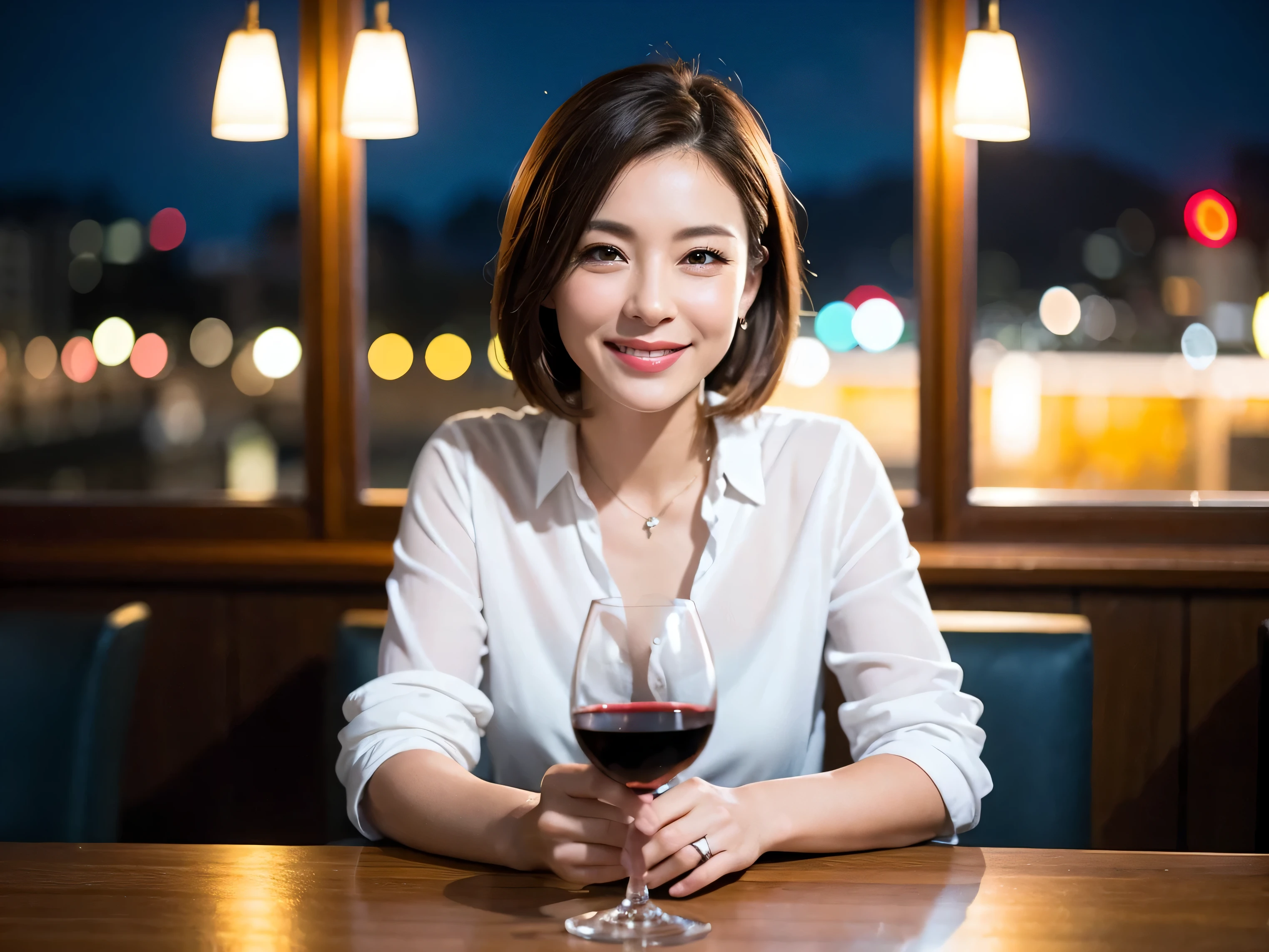 (including 64k, nffsw, highest quality, table top: 1.2), (realistic, realistic: 1.37), pretty woman 1, (slimフェイス), (because I&#39;thin), (brown hair), (shortcut), cheeks turn a little red, (40 years old), 38 years, alone, 窓の外には美しく緻密なnight景が広がります..., restaurant, wine glassに座って, nightに, in a prominent place (from the waist up) nova frog style, actress, model, Upper body, White wine, slim, wine glass, とてもきれいなnight景, 真ん中に置かれたwine glass, smile, (smile: 1.15), Beautiful little eyes, Upper body, bust japan up, night, short, short, actress, model, Upper body, White wine, slim, wine glass, とてもきれいなnight景, 真ん中に置かれたwine glass, smile,