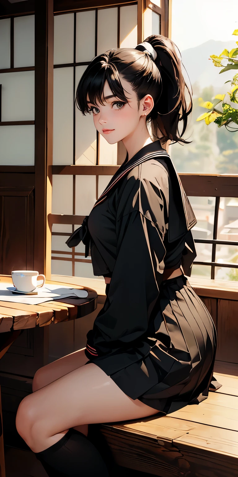 8k, masterpiece, highest quality, ultra high resolution, highest resolution, very detailed, professional lighting, orange light lighting、Backlight、Detailed CG、Low angle from the front、full body shot、Beautiful woman、beautiful eyes、(detailed face and iace:1 2)、narrow eyes、almond eye、brown eyes、gradation eye、highlight:1.2)、(beautiful black hair、short hair、(three-dimensional lips、plump lips) 、(oval face : 1.4)、(thin fingered arms、detailed human hand)、(table top, highest quality:1.2), wooden warehouse、Scenery with Japanese wooden houses、sitting in veranda、ancient folk house、pine tree、plant、beautiful japanese garden、beautiful red sunset、full body pose、A girl who blends into the scenery、sitting in a chair、Beautiful woman, small face、white skin、very cute, 17 years old、(fine eyes、bright eyes、gradient eyes:1、細かく描かれたbeautiful eyes:1、symmetrical eyes:1、目の大きなhighlight:1.2)、thin hair、brown eyes)、Breasts are medium in size、(black brown hair、ponytail、high up fade:1.4)、(black sailor suit、serafuku:1.4)、thin and long legs、beautiful hip line、beautiful spine、constricted back、tight waist、JK black skirt 、pleated skirt、Hip line emphasis、black socks、black stockings、brown eyes,face is a little red, beautiful breasts、Breasts are A cup、Shoes are loafers) 、(round face: 1.4)、shy smile、black knee high socks