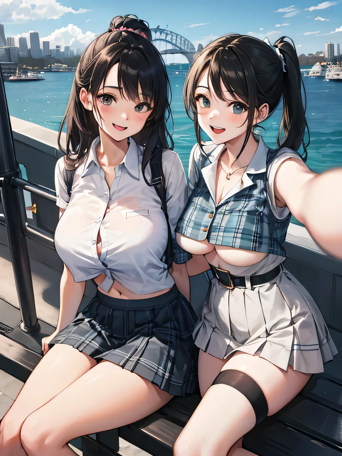 (8k、RAW photo、highest quality)、detailed background、beautiful and detailed face、beautiful and smooth skin、skin texture、professional lighting、Beautiful age girl、(three women)、(huge breasts)、sexy uniform、Pleated mini skirt with tartan plaid pattern、side pony、ponytail、cute hairstyle、ニーhigh socks、high socks、 selfie、school trip、Touch my chest playfully、laughter、smile、sexual expression、sydney、Australia、Opera House、harbor bridge、darling harbor、bondi beach 、You can also take photos with famous landmarks and symbols of your travel destination.、underboob、panty shot