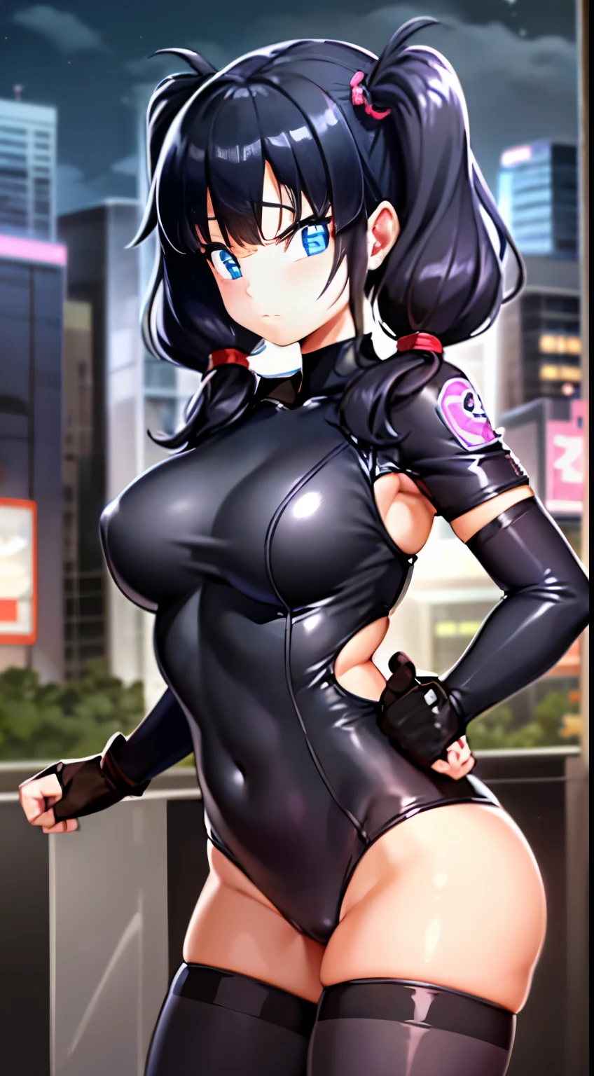 masterpiece, highest quality, High resolution, saw 2, alone, blue eyes, black hair, twin tails, bangs, medium breasts, cowboy shot, frown, 1 girl, alone, oyster body suit, thin bodysuit, put your hands on your hips, looking at the viewer, city, night, standing on the edge of the roof, urban