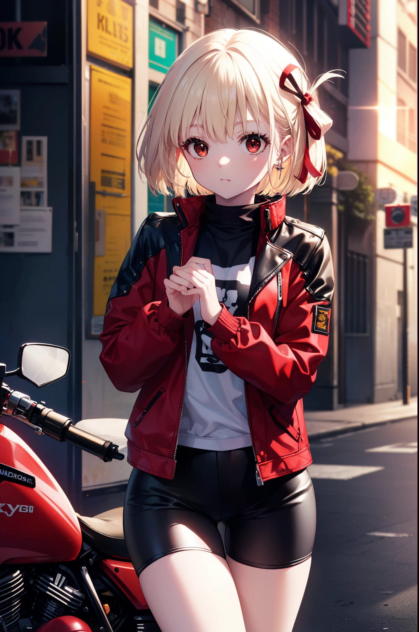 chisatonishikigi, nishikigi chisato, short hair, bangs, blonde hair, (red eyes:1.5), hair ribbon, one side up, bob cut,riders jacket,sweater,leather bread,short boots,(Motorbike　harley davidson),leaning on the bike、
break outdoors, parking area,
break looking at viewer, (cowboy shot:1.5),
break (masterpiece:1.2), highest quality, High resolution, unity 8k wallpaper, (figure:0.8), (detailed and beautiful eyes:1.6), highly detailed face, perfect lighting, Very detailed CG, (perfect hands, perfect anatomy),