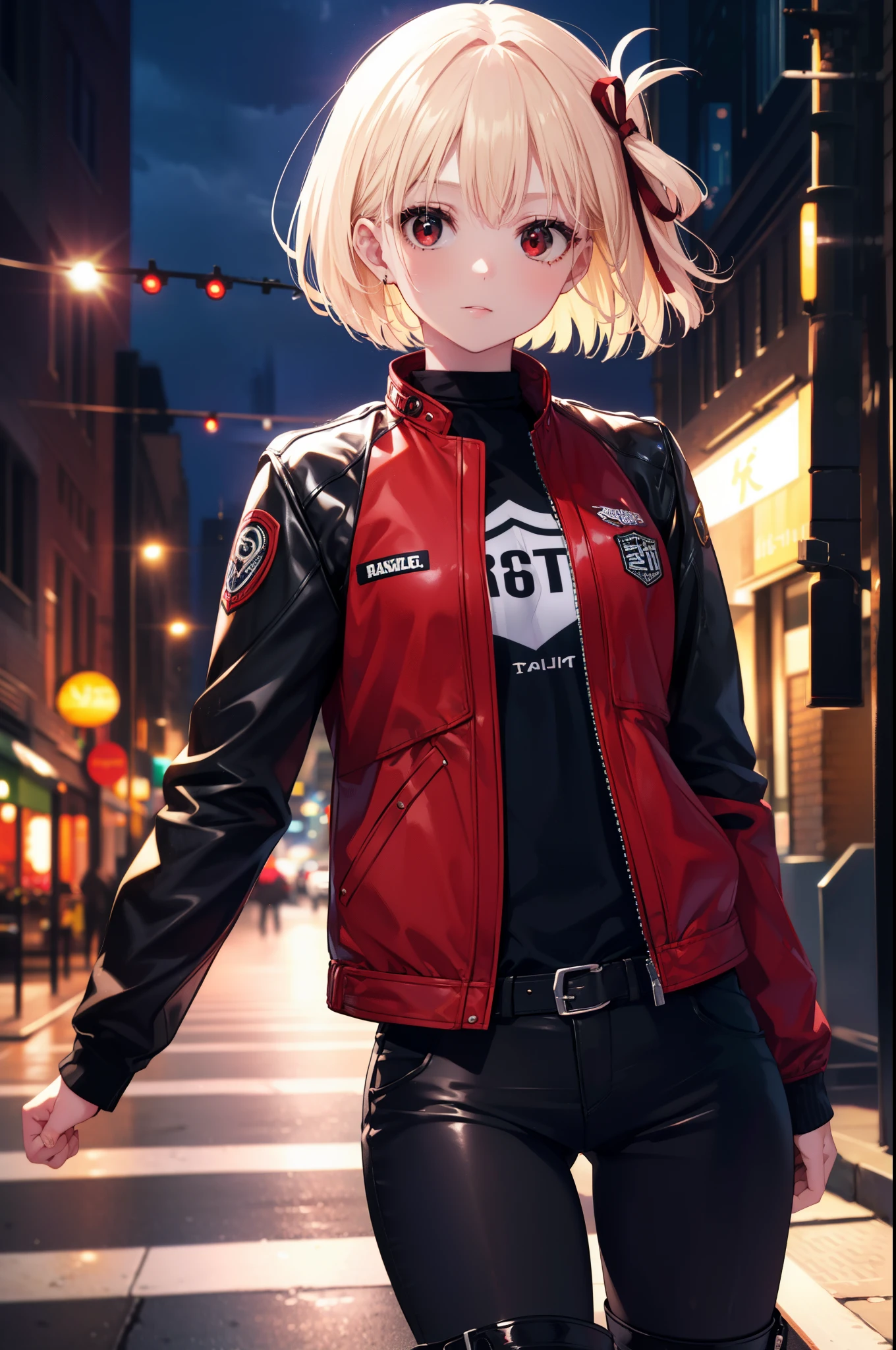 chisatonishikigi, nishikigi chisato, short hair, bangs, blonde hair, (red eyes:1.5), hair ribbon, one side up, bob cut,riders jacket,sweater,leather long pants,short boots,(Motorbike harley davidson),leaning on the bike、
break outdoors, parking area,
break looking at viewer, (cowboy shot:1.5),
break (masterpiece:1.2), highest quality, High resolution, unity 8k wallpaper, (figure:0.8), (detailed and beautiful eyes:1.6), highly detailed face, perfect lighting, Very detailed CG, (perfect hands, perfect anatomy),