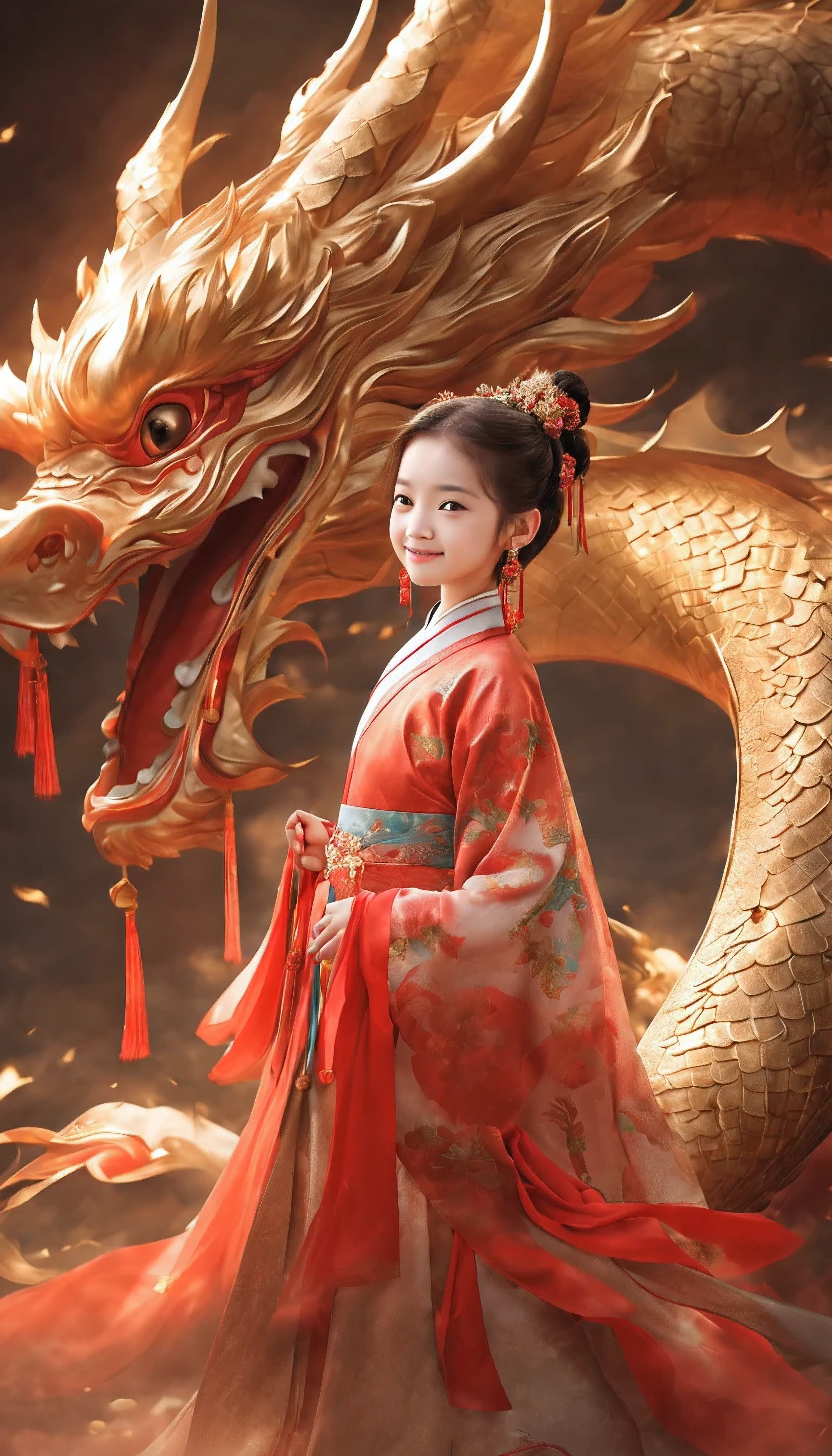 8k,Super details,masterpiece,Children Photography,high angle,whole body,Girl wearing Hanfu next to the dragon,8 year-old,Wearing earrings and delicate hairpins,Smile,Chinese culture theme style,Fluid photography,8k resolution,hazy atmosphere,exquisite clothing,Ferania p30,light gold and red --style raw --ar 9:16
