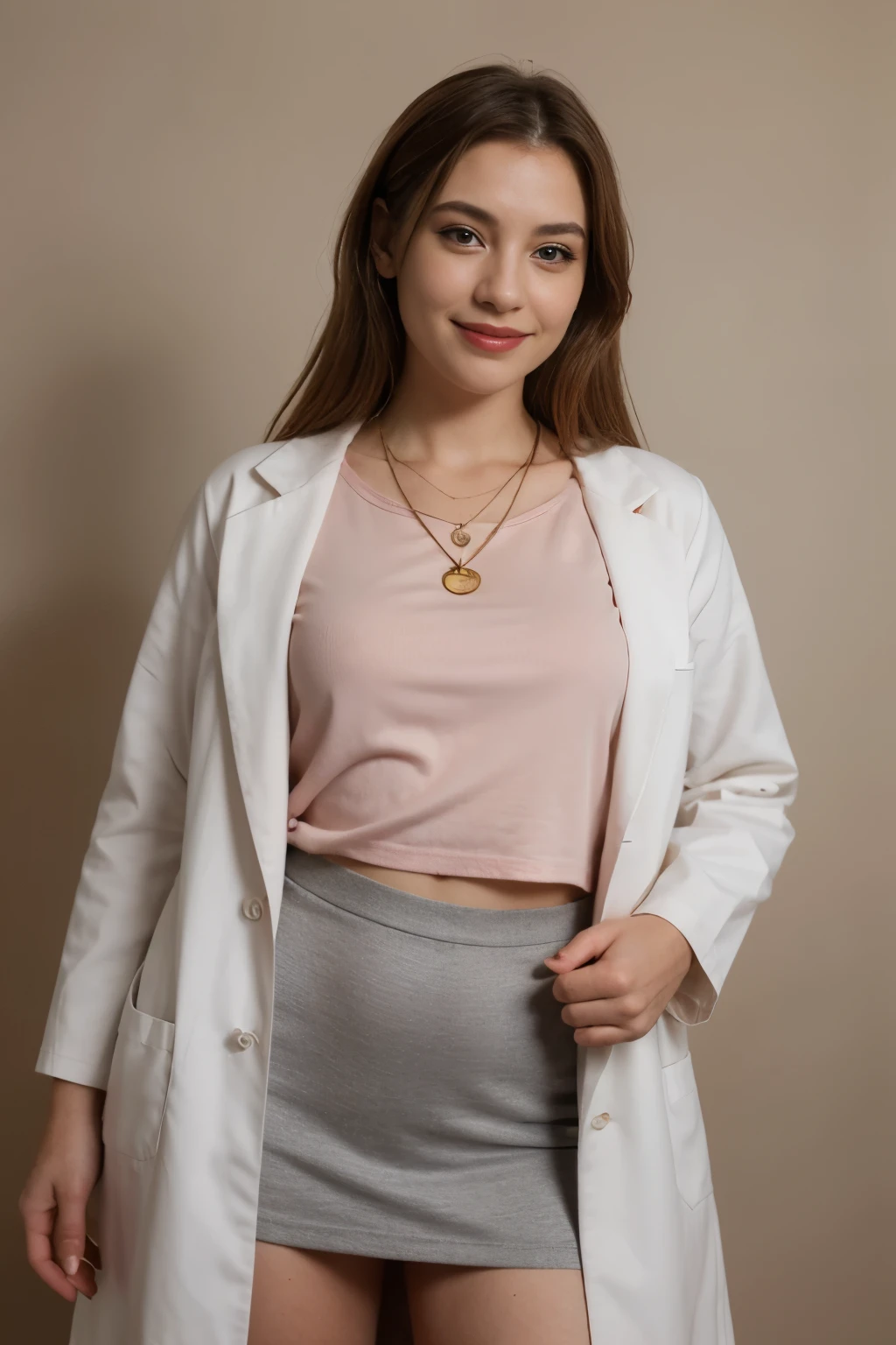 ((melhor qualidade)), ((obra de arte)), (detalhado), rosto perfeito,render,perfect makeup,egyptian eye liner,vivid red lipstick,red dust on cheeks,gold powder above eyes,shiny hair,perfect hair,red hair,big  smile,extremely happy,necklace,consultory,doctor clothes,female suit,pink tshirt,white coat,long white skirt,stetoscope,light gray background,fullbody preview