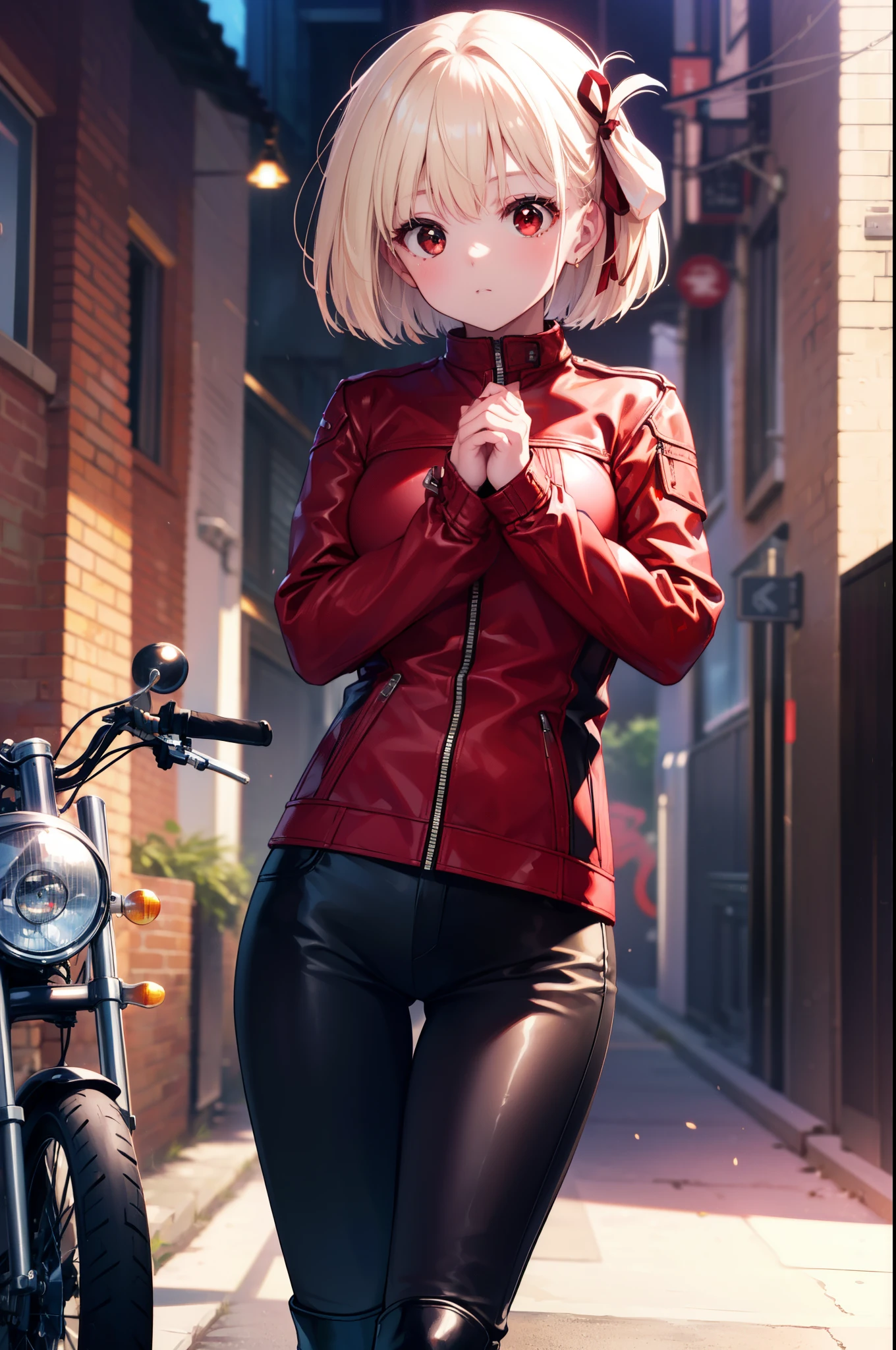 chisatonishikigi, nishikigi chisato, short hair, bangs, blonde hair, (red eyes:1.5), hair ribbon, one side up, bob cut,riders jacket,sweater,leather long pants,short boots,(Motorbike　harley davidson),leaning on the bike、
break outdoors, parking area,
break looking at viewer, (cowboy shot:1.5),
break (masterpiece:1.2), highest quality, High resolution, unity 8k wallpaper, (figure:0.8), (detailed and beautiful eyes:1.6), highly detailed face, perfect lighting, Very detailed CG, (perfect hands, perfect anatomy),