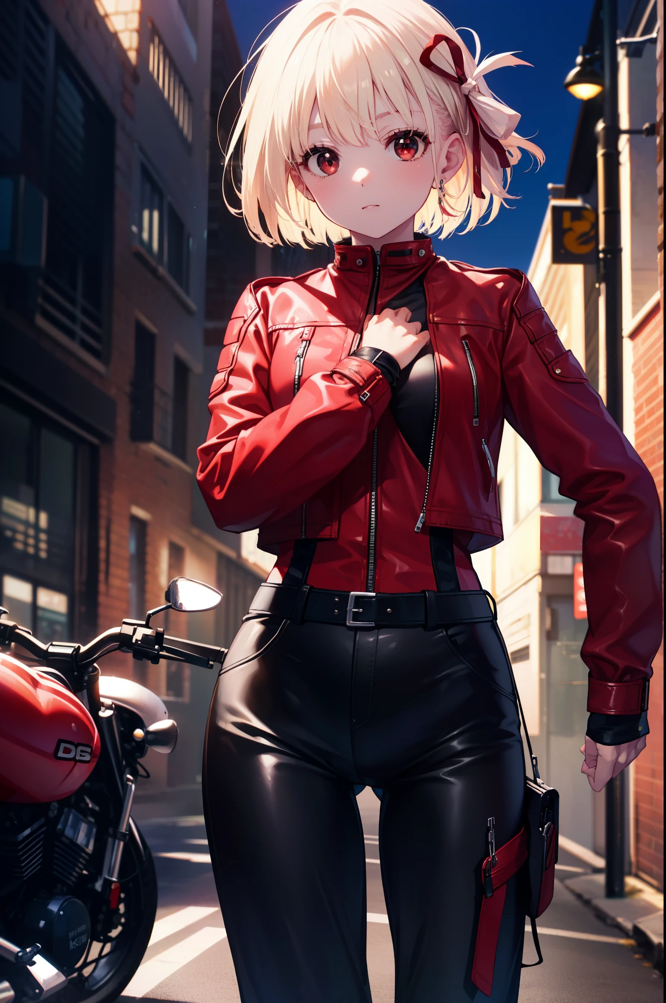 chisatonishikigi, nishikigi chisato, short hair, bangs, blonde hair, (red eyes:1.5), hair ribbon, one side up, bob cut,riders jacket,sweater,leather long pants,short boots,(Motorbike harley davidson),leaning on the bike、
break outdoors, parking area,
break looking at viewer, (cowboy shot:1.5),
break (masterpiece:1.2), highest quality, High resolution, unity 8k wallpaper, (figure:0.8), (detailed and beautiful eyes:1.6), highly detailed face, perfect lighting, Very detailed CG, (perfect hands, perfect anatomy),