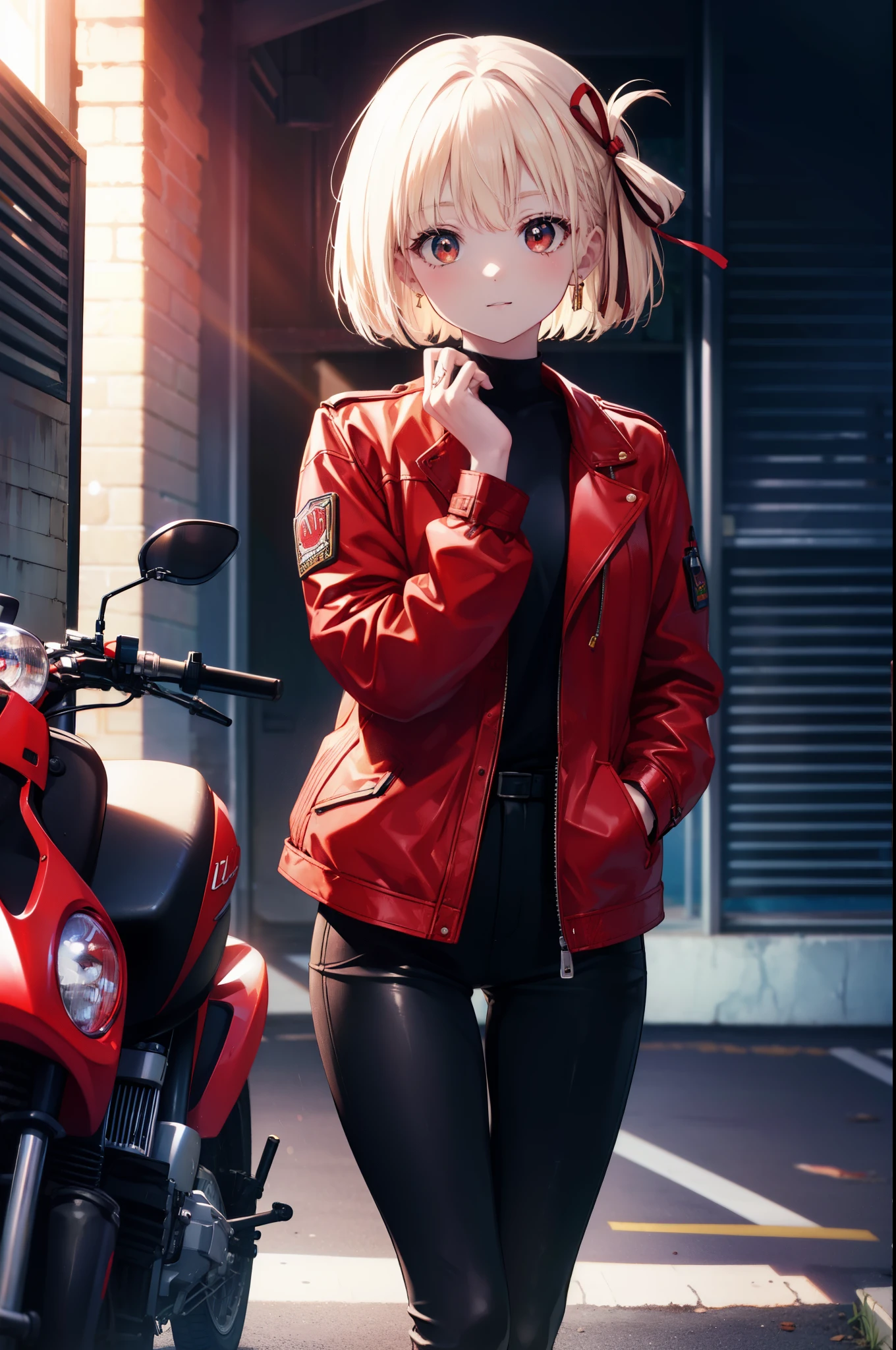 chisatonishikigi, nishikigi chisato, short hair, bangs, smile,blonde hair, (red eyes:1.5), hair ribbon, one side up, bob cut,riders jacket,sweater,leather long pants,short boots,(Motorbike harley davidson),leaning on the bike、
break outdoors, parking area,
break looking at viewer, (cowboy shot:1.5),
break (masterpiece:1.2), highest quality, High resolution, unity 8k wallpaper, (figure:0.8), (detailed and beautiful eyes:1.6), highly detailed face, perfect lighting, Very detailed CG, (perfect hands, perfect anatomy),