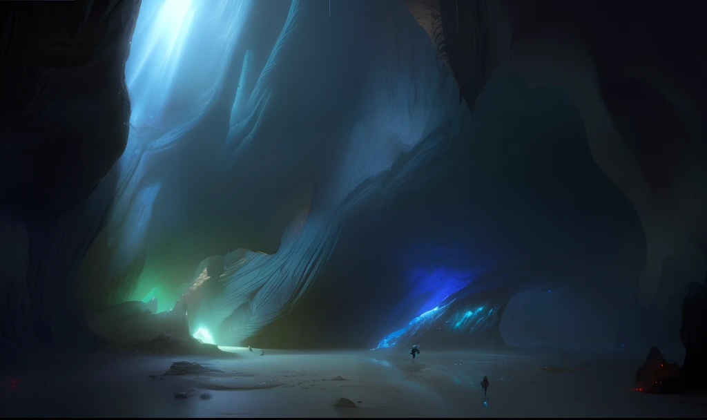 There was a man standing in a cave，There is light shining in the cave,, Fabulous huge space cave, dramatic concept art, Jessica Rossier Fantasy Art, jessica rossier color scheme, noah bradley concept art, Thomas Allen Koppella and cgociety, lovecraftian background, stomach art, lovecraftian landscape