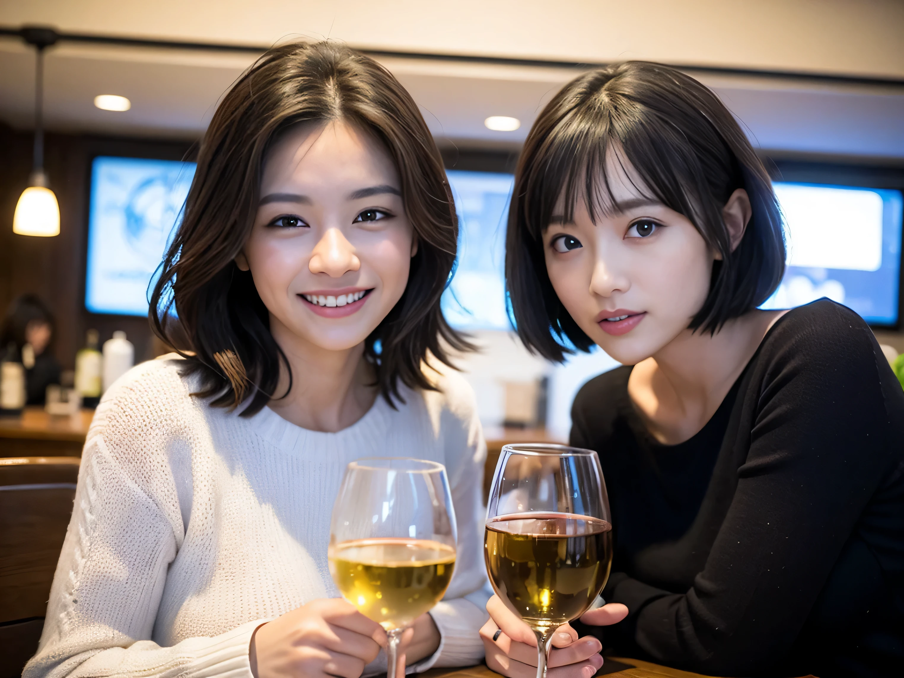 (including 64k、nffsw、highest quality、masterpiece:1.2)、(realistic、Photoreal:1.37)、Super detailed、wine glass、while enjoying wine、mature woman、two beautiful women、(slim face)、(because I&#39;thin)、（brown hair）、(shortcut)、Latino、smileのフランス人女性、happy italian girl、british woman、Americana、cheeks slightly red、(36 years old)、39 years old、red wine、窓の外には美しく緻密なnight景が広がります.........、restaurant、目立つ場所にあるwine glass、night、(from the waist up)、sit on top、date、(laughter:1.15)、fine and beautiful eyes、cashmere sweater、long sleeve dress、Japanese、(short hair:1.2)、Float NovaFrogStyle、、modeled、from the waist up、White wine、turned into slime、wine glass、超綺麗なnight景、wine glassを真ん中に置きます、smile、(8k、RAW photo、highest quality、masterpiece:1.2)、(realistic、Photoreal:1.37)、Super detailed、ultra high resolution、2 females、see the beholder、beautiful and detailed face、laughter、narrow、(slim waist) :1.3)、knit shirt、Fine and beautiful skin、skin texture、floating hair、professional light needle breast、kind eyes