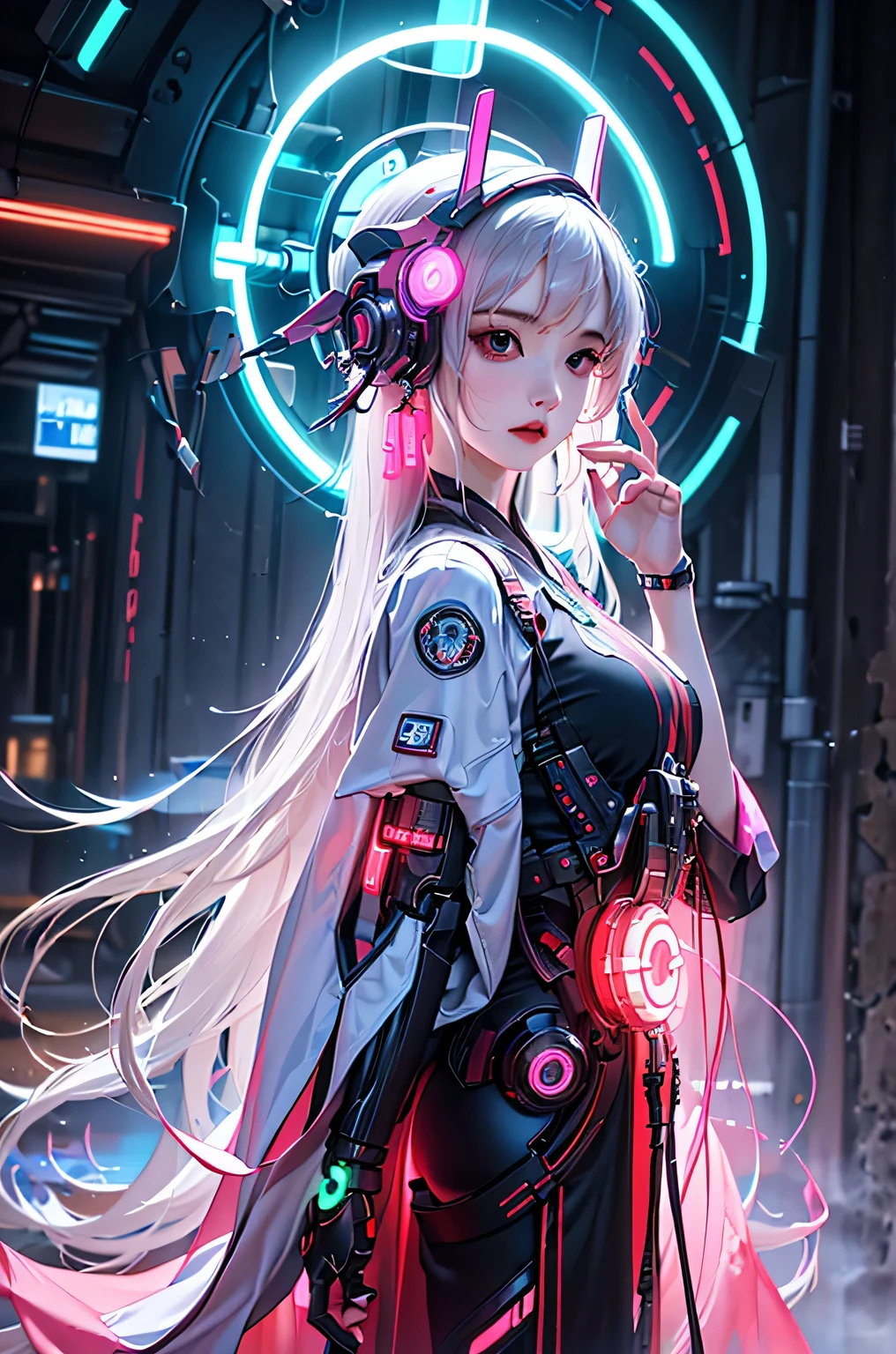 Quickly:1 girl solo, perfect_hand, (8k, original photo, best quality, masterpiece:1.2), (actual, photo-actual:1.4), (Extremely detailed CG unified 8k wallpaper), Hanfu, song, song dynasty, song clothing,,whole body, (neon lights:1.2), machop, 機械hand臂, cyberpunk style ,Mechanical headgear machinery distribution