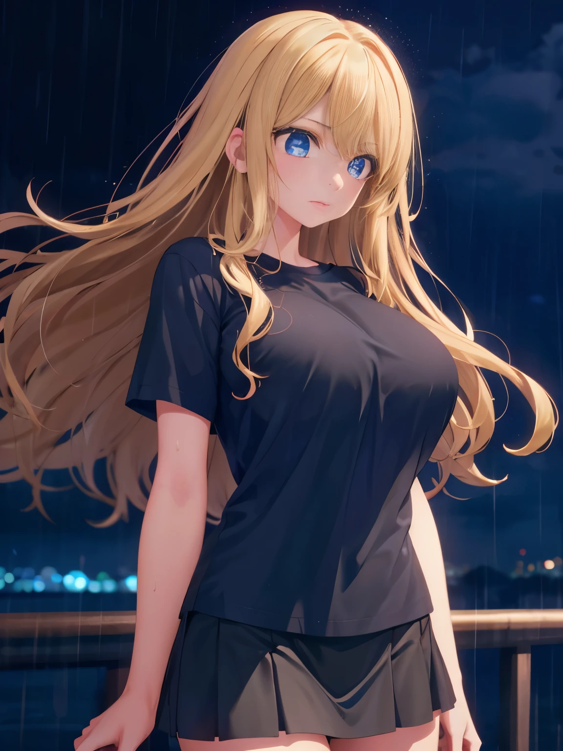 1woman,super beautiful,Stand,sad expression, Night, rain, outdoors,half body photo,Beautiful eyes, very detailed face, HD face, perfect face,black t-shirt,black mini skirt,Very big breasts,Blonde hair,long hair,wavy hair,bangs,blue eyes,ultra detail,ultra Hd, masterpiece,4k
