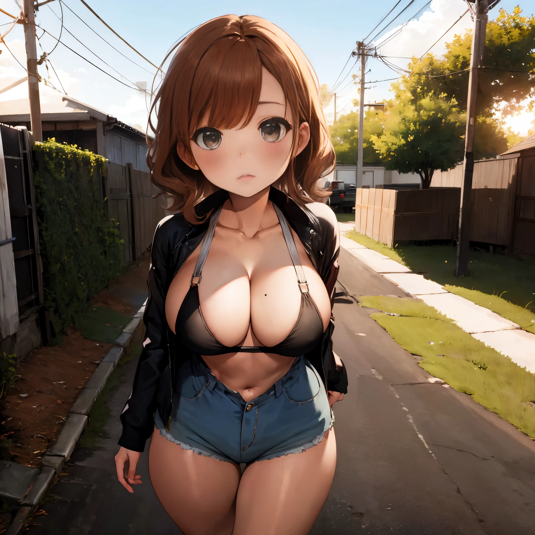 woman, ((Masterpiece, best quality)), full body view, sexy, bursting huge breasts, detailed skin, Mechanic tomboy covered in grease with her jumpsuit half open , highly detailed, cinematic lighting, ultra realistic, blush, looking at viewer, brown hair, long hair, portrait, outdoor, cleavage, large breasts, wide hips, thighs,