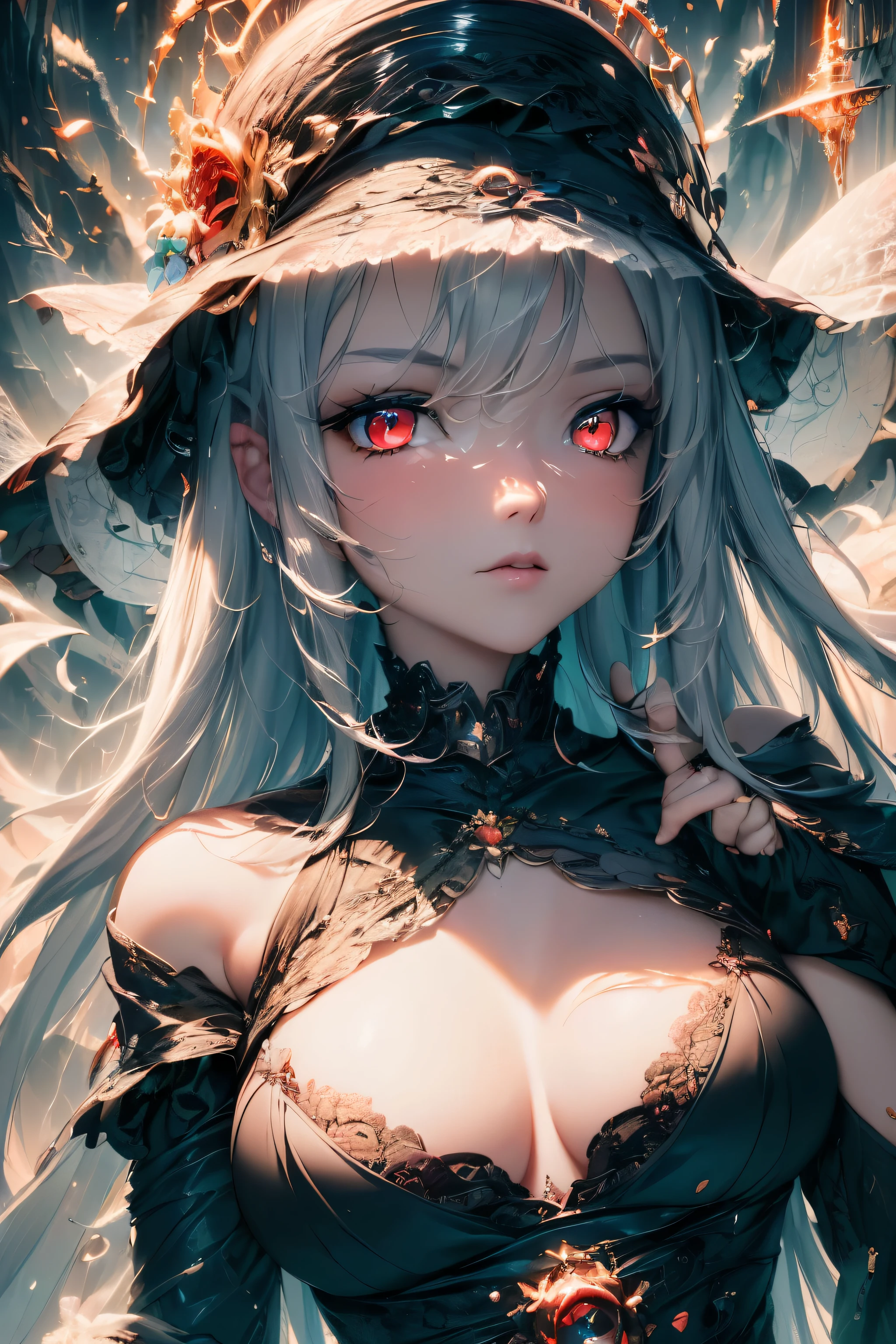 4K quality:1.2,1 girl,sense of depth,confused,catch light,Super beautiful illustration,((black color,long hairstyles:1.3)),dark dark eyeshadow,(((4k,super beautiful,In detail,red eyes))),bright red lipstick,Gothic ta,;D,beautiful and delicate hair