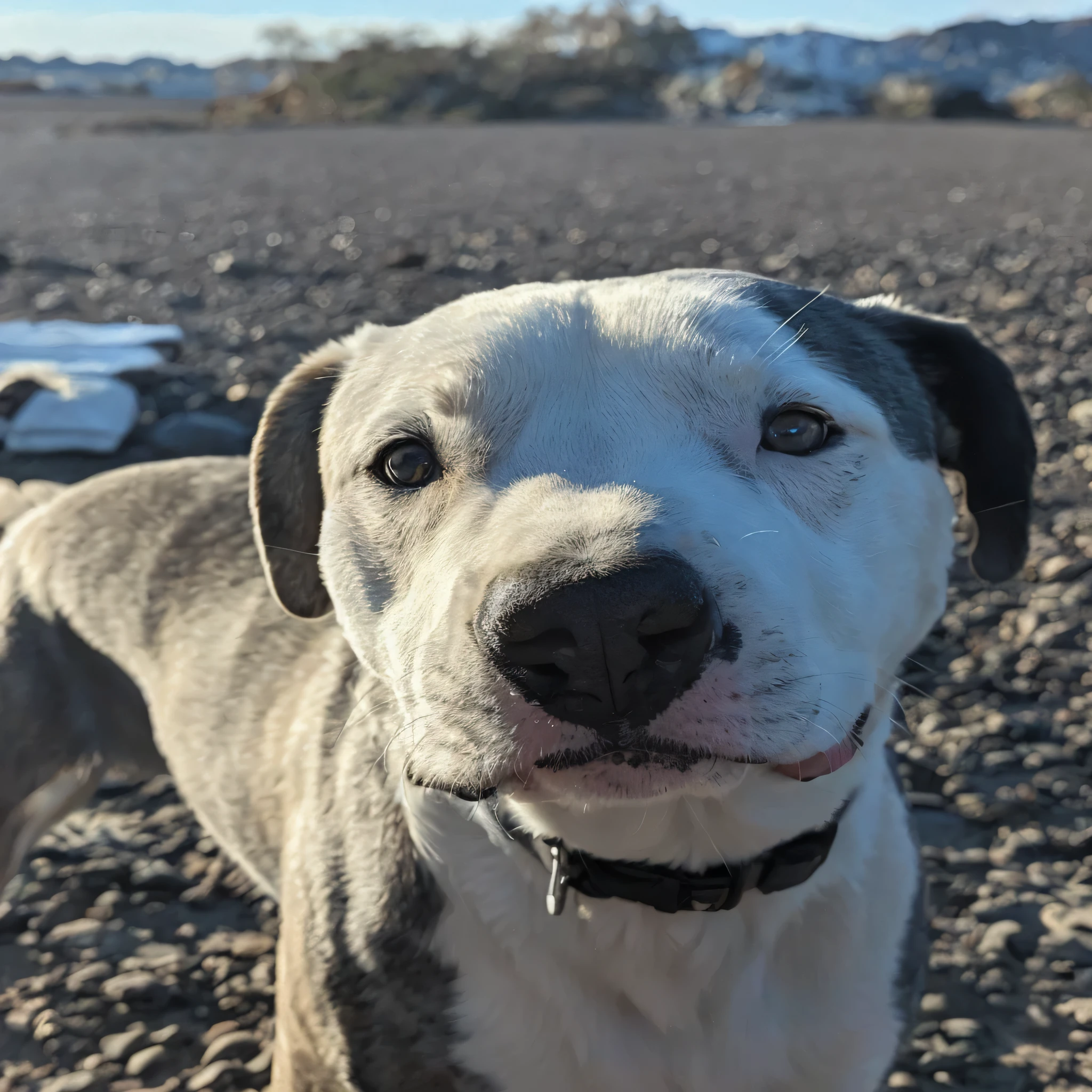 there is a dog that is standing on a rocky beach, looking straight to camera, looking straight to the camera, looking towards the camera, looking straight into camera, looking away from camera, looking straight into the camera, looking defiantly at the camera, very handsome, beautiful picture of stray, front facing the camera, taken in the early 2020s, a handsome