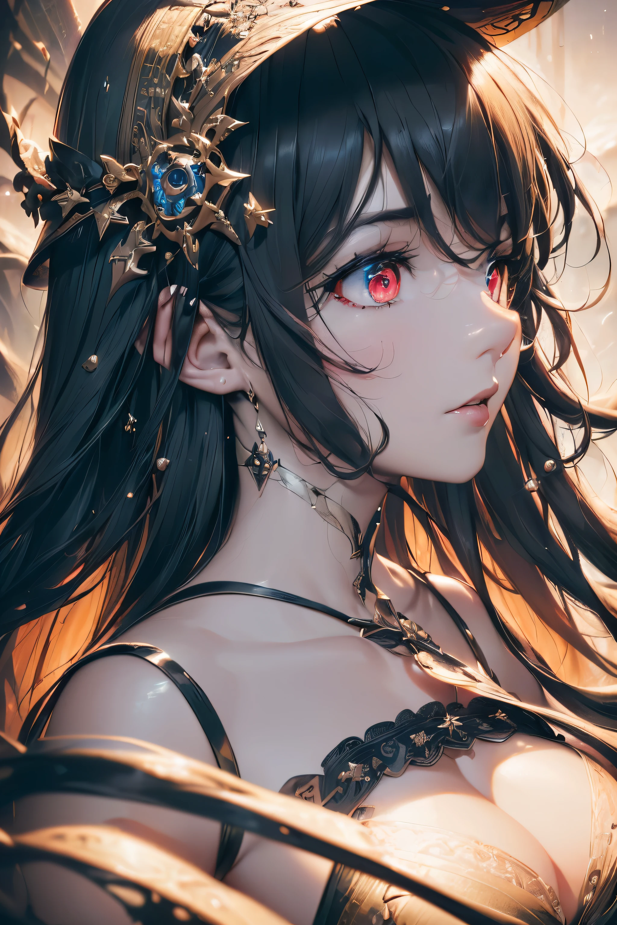 4K quality:1.2,1 girl,sense of depth,confused,catch light,Super beautiful illustration,((black color,long hairstyles:1.3)),dark dark eyeshadow,(((4k,super beautiful,In detail,red eyes))),bright red lipstick,Gothic ta,;D,beautiful and delicate hair