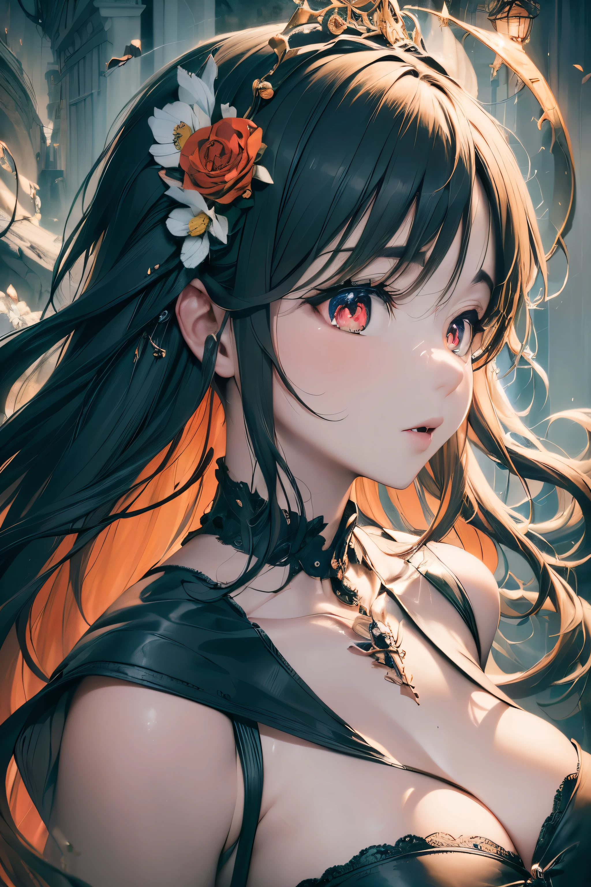 4K quality:1.2,1 girl,sense of depth,confused,catch light,Super beautiful illustration,((black color,long hairstyles:1.3)),dark dark eyeshadow,(((4k,super beautiful,In detail,red eyes))),bright red lipstick,Gothic ta,;D,beautiful and delicate hair
