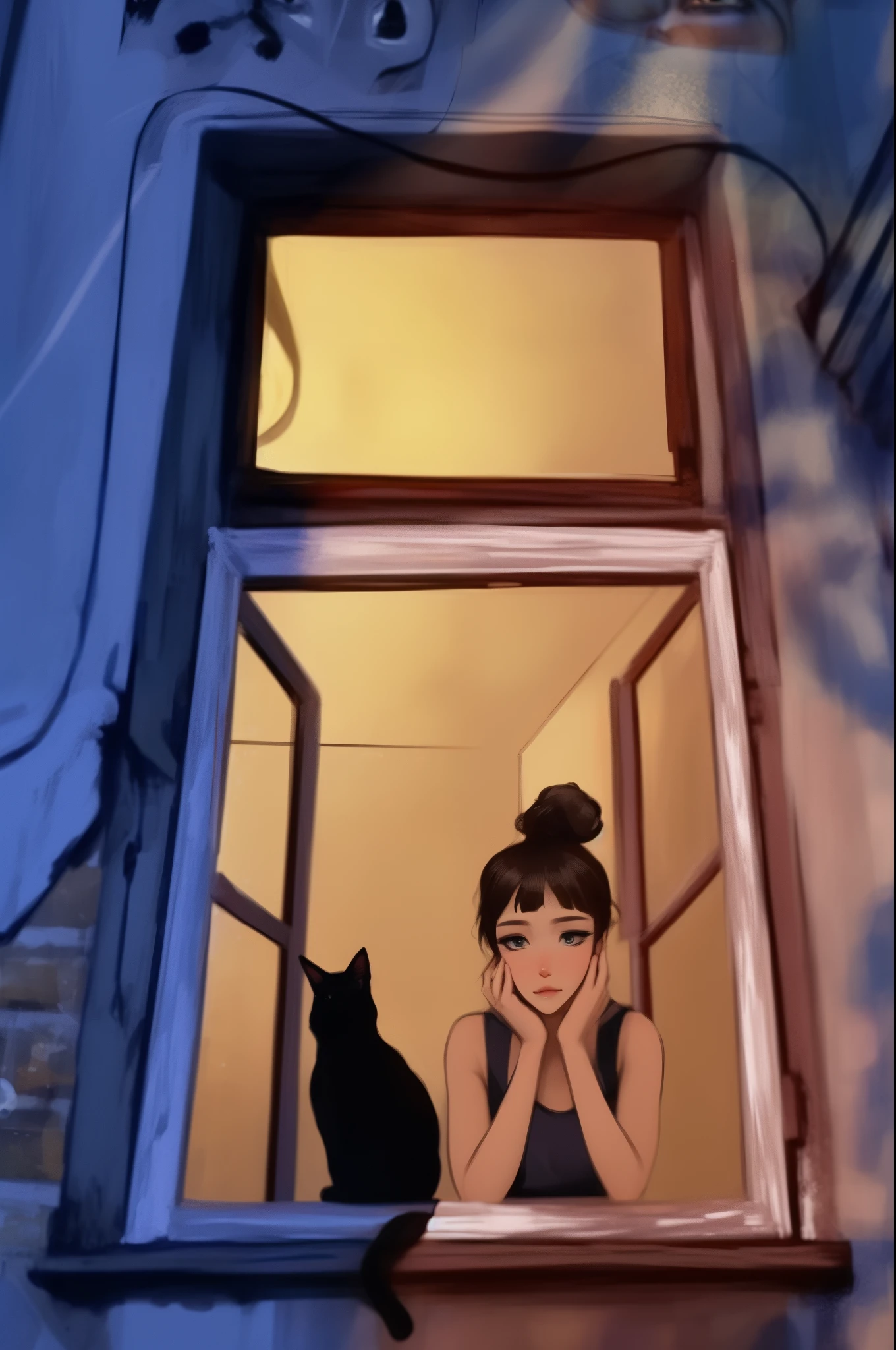 캄캄한 밤 비가내리고 그녀의 with cat 창밖을 바라보는 여성이 있어요, looking out the window, woman on window sill, emotional picture, sitting on the window sill, 창look out, looking out the window, look out((a man looking from below)), Woman and cat, There is a cat next to her. Anime girl., realistic mature woman,, Anime girl looks out the window., with cat, beautiful cat illustration style, realistic art style, Realistic anime art style, Realistic anime art style, Ilya Kuvshinov with long hair, in anime style, woman in front of a mysterious window(masterpiece:1.4), (best quality:1.4),Woman wearing tight sportswear,vivid colors, soft focus, light leak, dreamy atmosphere, experimental charm, Retro charm break color field painting, various colors, abstract expressionism, Bold colors, emotional impact, atmospheric depth, MINIMALIST APPROACH BREAK, Beautiful woman, UHD (ultra detail) viewers who see it.., different, fancy, Long hair dyed brown tied back 🌈, leggings clothing, White stardust in dark areas, absurd, high resolution, very detailed, (1 woman : ), vivid colors, soft focus, light leak,