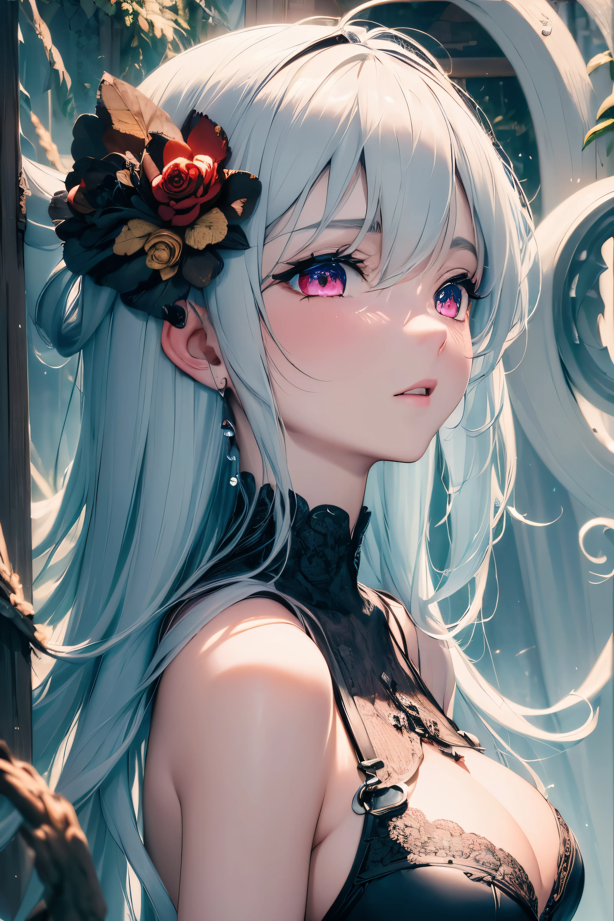 4K quality:1.2,1 girl,sense of depth,confused,catch light,Super beautiful illustration,((black color,long hairstyles:1.3)),dark dark eyeshadow,(((4k,super beautiful,In detail,red eyes))),bright red lipstick,Gothic ta,;D,beautiful and delicate hair