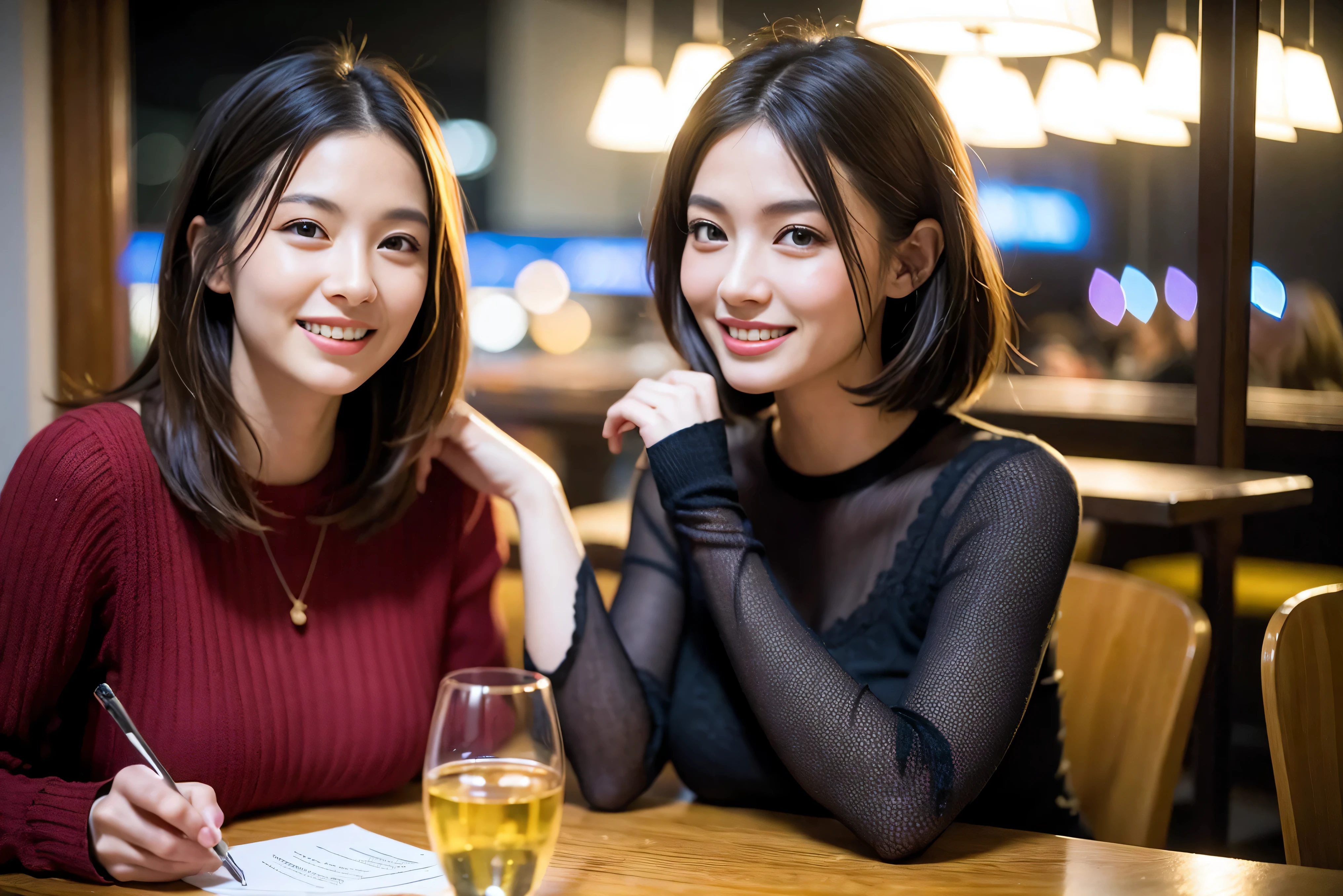 (including 64k、nffsw、highest quality、masterpiece:1.2)、(realistic、Photoreal:1.37)、Super detailed、wine glass、while enjoying wine、mature woman、two beautiful women、(slim face)、(because I'thin)、(brown hair)、(shortcut)、Latino、smileのフランス人女性、happy italian girl、british woman、Americana、cheeks slightly red、(36 years old)、39 years old、red wine、窓の外には美しく緻密なnight景が広がります.........、restaurant、目立つ場所にあるwine glass、night、(from the waist up)、sit on top、date、(laughter:1.15)、fine and beautiful eyes、cashmere sweater、long sleeve dress、Japanese、(short hair:1.2)、Float NovaFrogStyle、、modeled、from the waist up、White wine、turned into slime、wine glass、超綺麗なnight景、wine glassを真ん中に置きます、smile、(8k、RAW photo、highest quality、masterpiece:1.2)、(realistic、Photoreal:1.37)、Super detailed、ultra high resolution、2 females、see the beholder、beautiful and detailed face、laughter、narrow、(slim waist) :1.3)、knit shirt、Fine and beautiful skin、skin texture、floating hair、professional light needle breast、kind eyes
