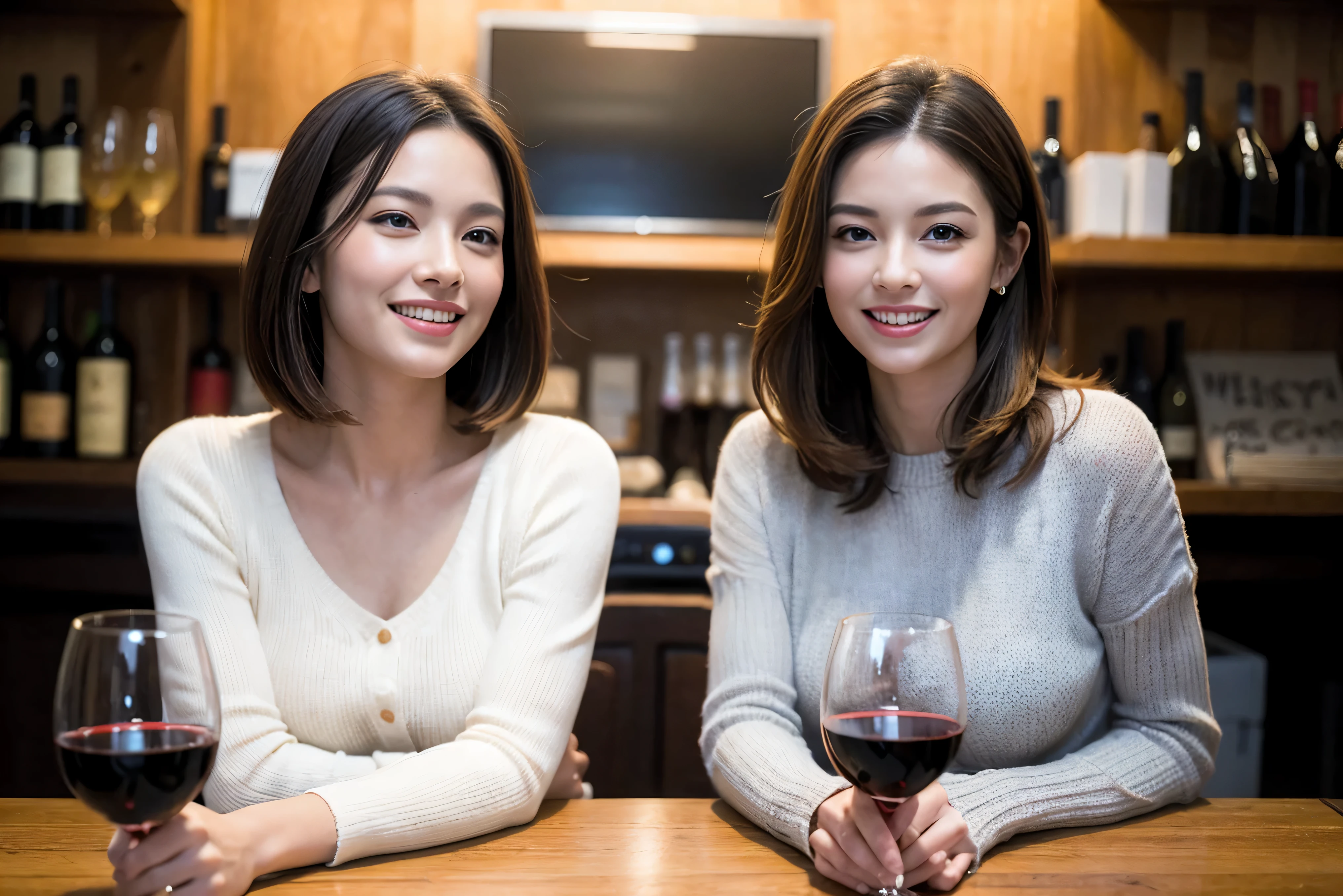 (including 64k、nffsw、highest quality、masterpiece:1.2)、(realistic、Photoreal:1.37)、Super detailed、wine glass、while enjoying wine、mature woman、two beautiful women、(slim face)、(because I&#39;thin)、（brown hair）、(shortcut)、Latino、smileのフランス人女性、happy italian girl、british woman、Americana、cheeks slightly red、(36 years old)、39 years old、red wine、窓の外には美しく緻密なnight景が広がります.........、restaurant、目立つ場所にあるwine glass、night、(from the waist up)、sit on top、date、(laughter:1.15)、fine and beautiful eyes、cashmere sweater、long sleeve dress、Japanese、(short hair:1.2)、Float NovaFrogStyle、、modeled、from the waist up、White wine、turned into slime、wine glass、超綺麗なnight景、wine glassを真ん中に置きます、smile、(8k、RAW photo、highest quality、masterpiece:1.2)、(realistic、Photoreal:1.37)、Super detailed、ultra high resolution、2 females、see the beholder、beautiful and detailed face、laughter、narrow、(slim waist) :1.3)、knit shirt、Fine and beautiful skin、skin texture、floating hair、professional light needle breast、kind eyes