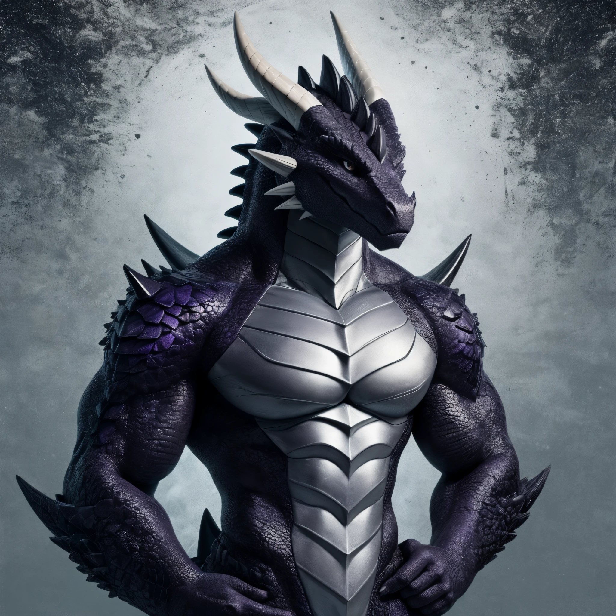 (character_design), concept art, model sheet, anthro, solo, nudes, male, Dragon, claws, hi res, standing, fingers, blue eyes, muscular anthro, muscular, were, clothing, muscular male, 5 fingers, Black body, digital media (artwork), simple background, white fur, black nose, purple body, front view, biped,