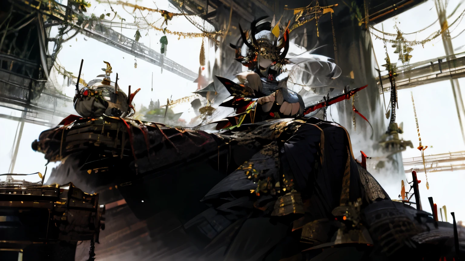 "Three Kingdoms" theme, Lü Bu, Halberd, droid, Futuristic style, Nero, big breast,  female, eye mask, sit on throne