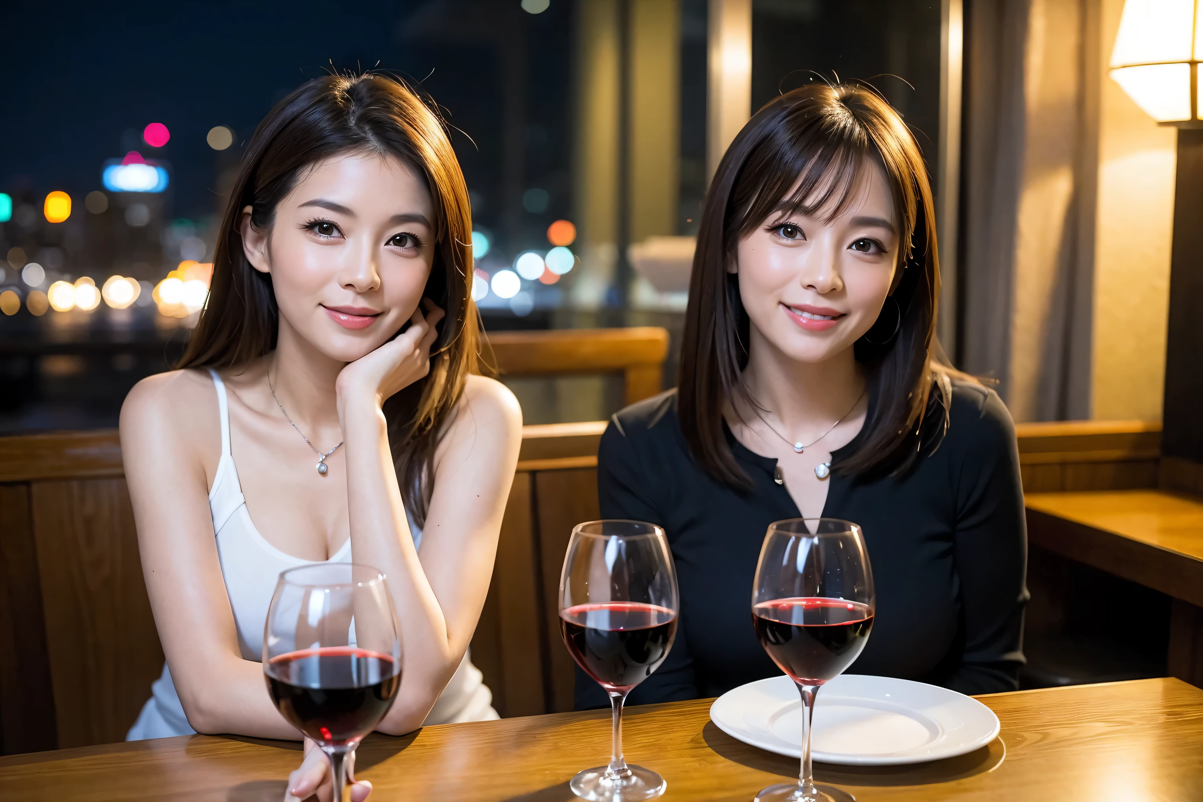 (including 64k, nffsw, highest quality, table top: 1.2), (realistic, realistic: 1.37), pretty woman 1, (slimフェイス), (because I'thin), (brown hair), (shortcut), cheeks turn a little red, (40 years old), 38 years, alone, 窓の外には美しく緻密なnight景が広がります..., restaurant, wine glassに座って, nightに, in a prominent place (from the waist up) nova frog style, actress, model, Upper body, White wine, slim, wine glass, とてもきれいなnight景, 真ん中に置かれたwine glass, smile, (smile: 1.15), Beautiful little eyes, Upper body, bust japan up, night, short, short, actress, model, Upper body, White wine, slim, wine glass, とてもきれいなnight景, 真ん中に置かれたwine glass, smile,