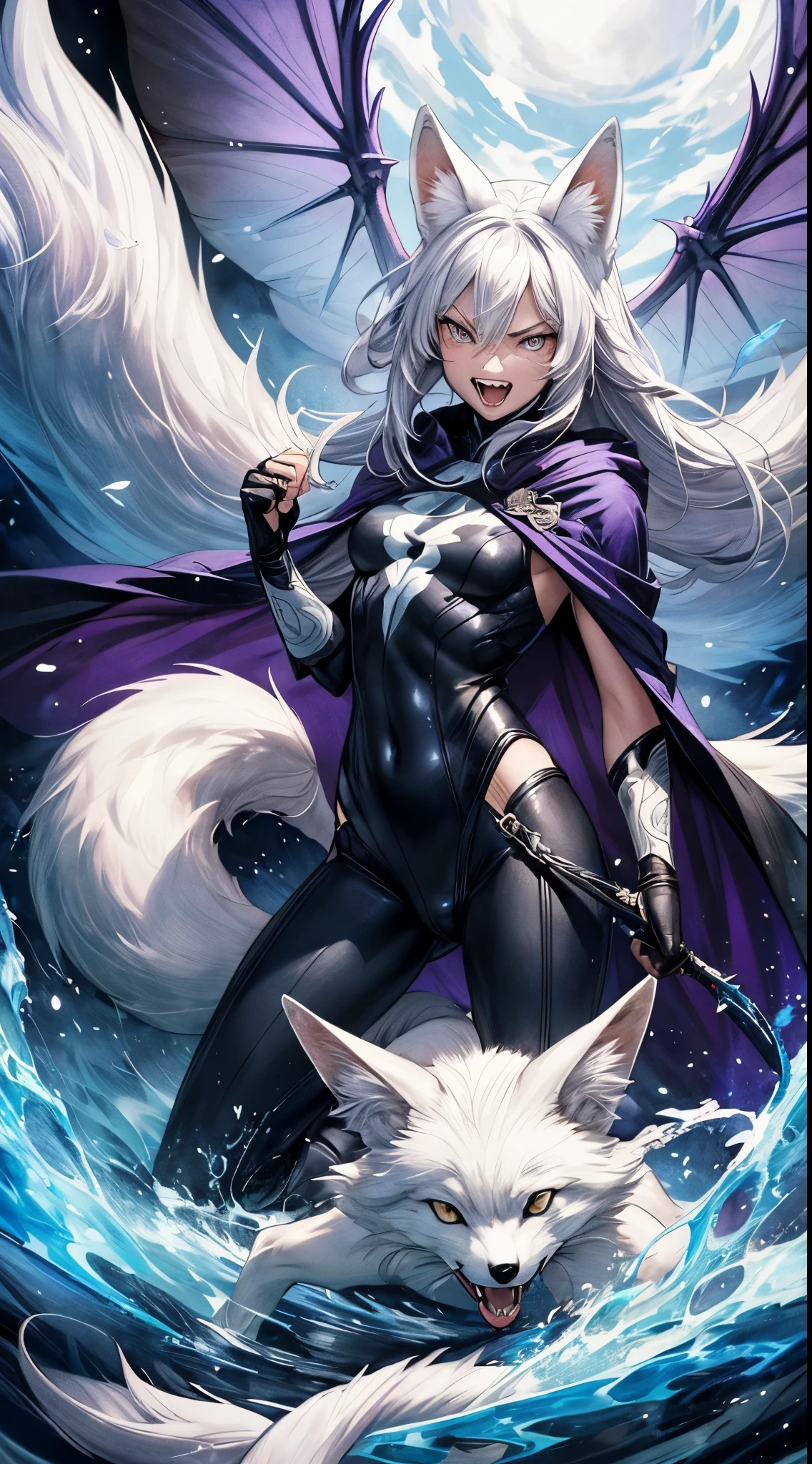 (masterpiece), ultra-detailed art, illustration, superhero, (white fox lady), solo, ((nine tails:1.2)), majestic, fighting a fly monster, Shape-shifting, enchanted cloak, shapeshifter, iridescent purple, ever-changing features, transdimensional hero, playful yet wise, open mouth, angry, (fangs:1.2)