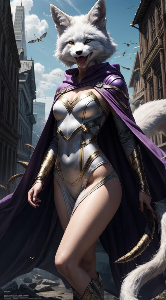 (masterpiece), ultra-detailed art, illustration, superhero, (white fox lady), solo, majestic, fighting a fly monster, Shape-shifting, enchanted cloak, shapeshifter, iridescent purple, ever-changing features, transdimensional hero, playful yet wise, open mouth, fangs,