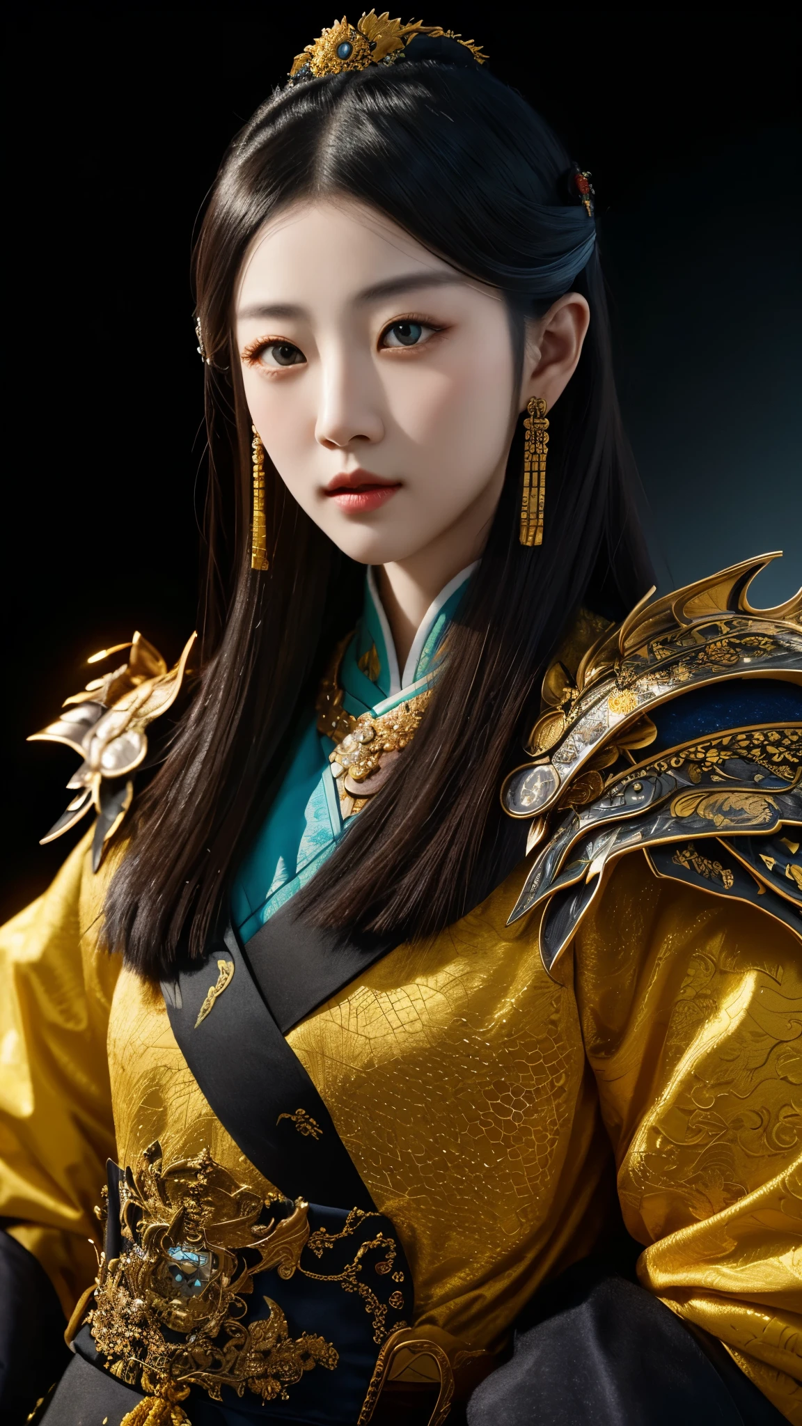 Intricate and detailed portrait of a Qing Dynasty imperial consort, with yellow cat eyes, dragonscale armor and accessories, realistic, UHD, 16k, studio lighting for dramatic effect