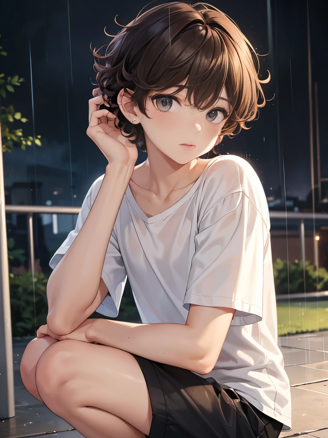 1boy,guy,rain,outdoors,night,18 years old,Curly hair,undercut hair,brown hair, white t-shirt,black shorts,Squat,hands on head, ultra detail, perfect face, hd face, detailed face, masterpiece