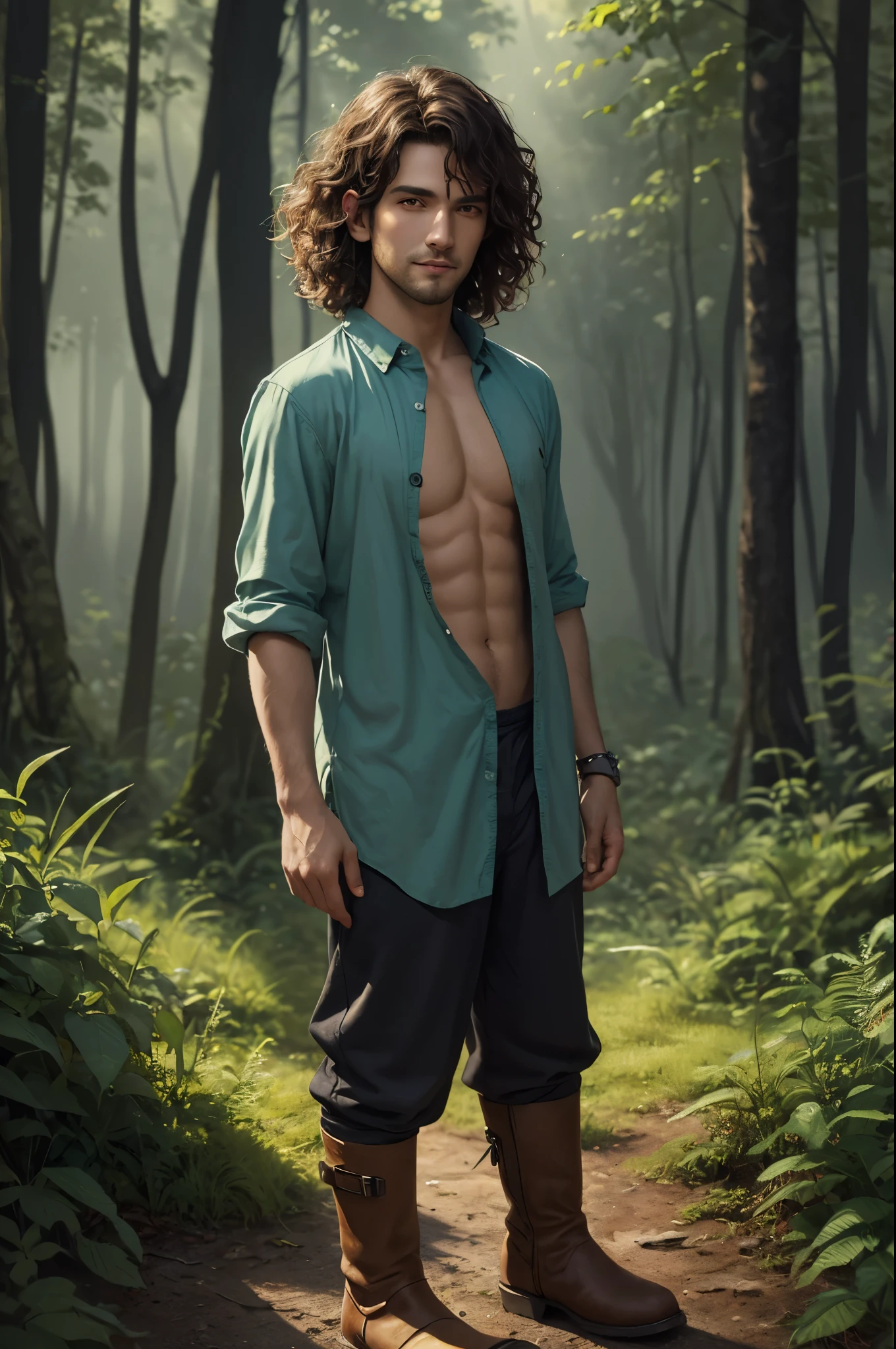 Halfling man, handsome, 30 years old, curly hair, (pointed ears), square face, ((full body)), stocky, tanned, colorful gypsy clothing, shirt unbuttoned half way, pantaloons, short boots, in a green forest. looking at viewer, slight smile, watercolor illustration, dramatic lighting, (depth of field), ((masterpiece)), ((best quality)), ((highly detailed))