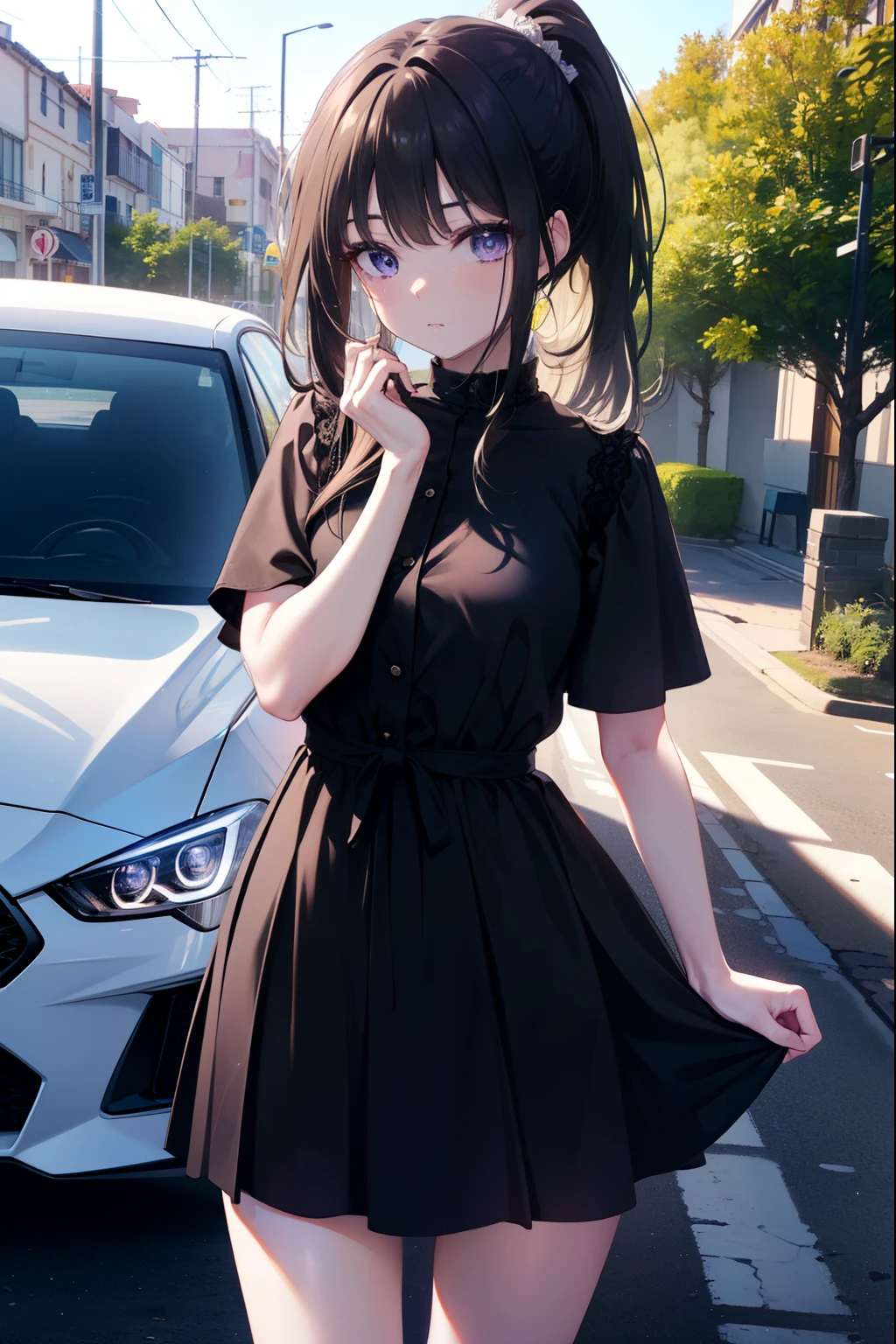 Takiuchi Kame, long hair, bangs,  black hair, (purple eyes:1.2),ponytail,blue dress,mini skirt,barefoot,Heel,(car　　　GTR34),carにもたれてる,
break outdoors, parking area,
break looking at viewer, (cowboy shot:1.5),
break (masterpiece:1.2), highest quality, High resolution, unity 8k wallpaper, (figure:0.8), (detailed and beautiful eyes:1.6), highly detailed face, perfect lighting, Very detailed CG, (perfect hands, perfect anatomy),