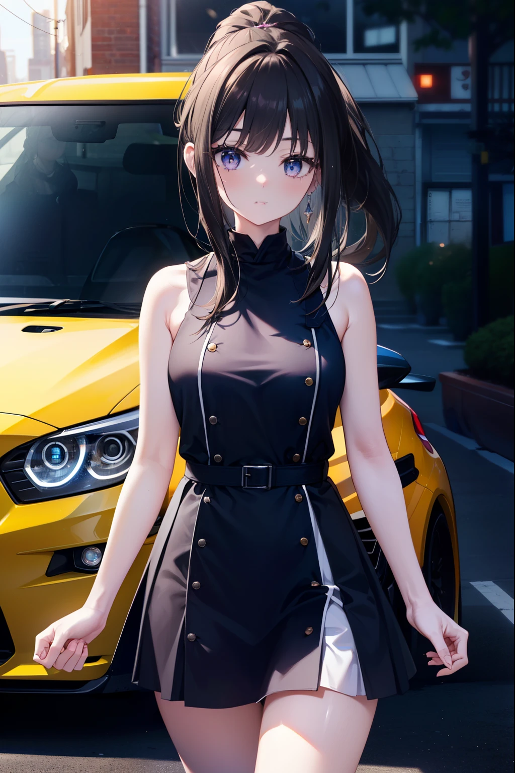 Takiuchi Kame, long hair, bangs, black hair, (purple eyes:1.2),ponytail,blue dress,mini skirt,barefoot,Heel,(car GTR34),carにもたれてる,
break outdoors, parking area,
break looking at viewer, (cowboy shot:1.5),
break (masterpiece:1.2), highest quality, High resolution, unity 8k wallpaper, (figure:0.8), (detailed and beautiful eyes:1.6), highly detailed face, perfect lighting, Very detailed CG, (perfect hands, perfect anatomy),