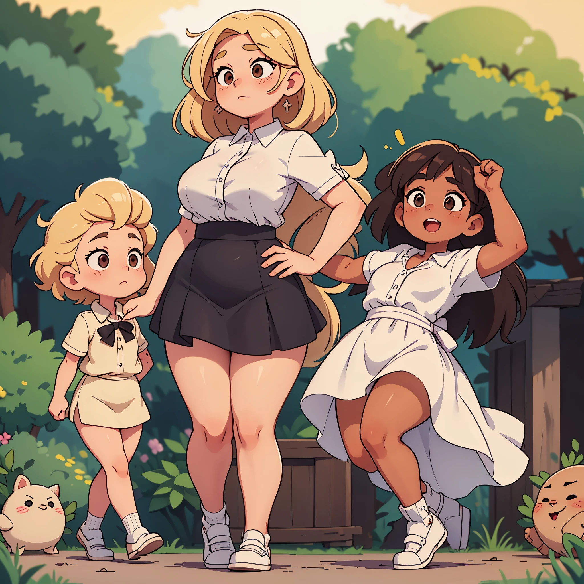 Drawing of a pudgy teen of late adscence with rosy cheeks; brown eyes; muscular, toned, very thick, fat, Rubenesque chubby legs and feet; creamy blonde hairs. Her fat legs have varicose veins. She is in a white dress with a prominent bow on her waist; she is wearing black dress shoes. Her legs are bent. Her knees are pointed towards each other. She is in a white blouse and a black miniskirt with a prominent bow on her waist.